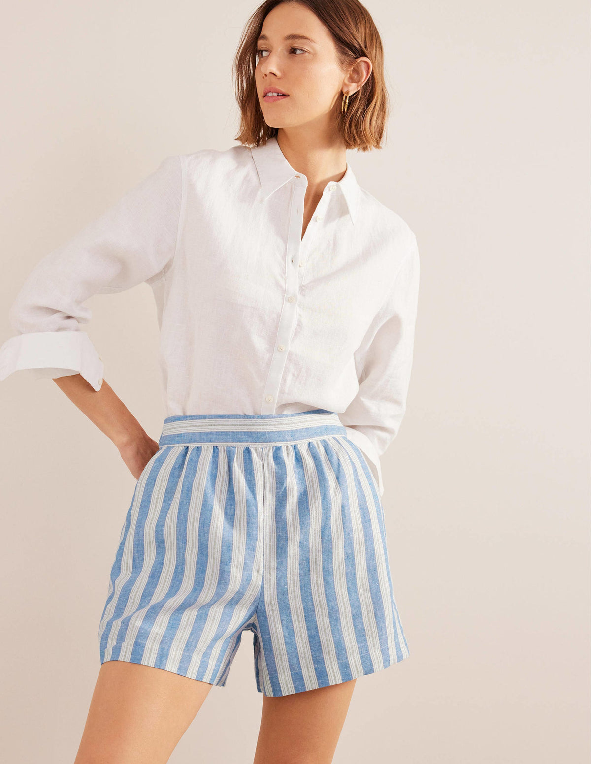 Pull-on Linen Shorts-Porcelain Blue, Sparkle Stripe-1