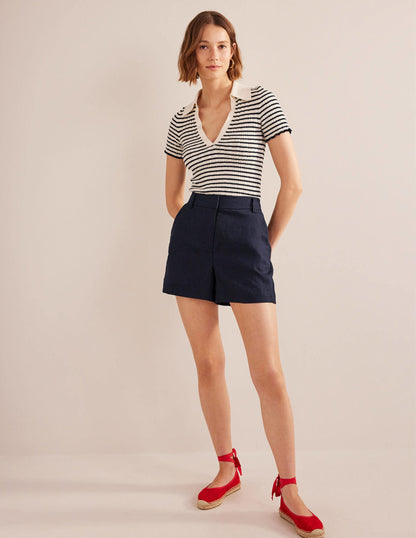 Tailored Linen Shorts-Navy