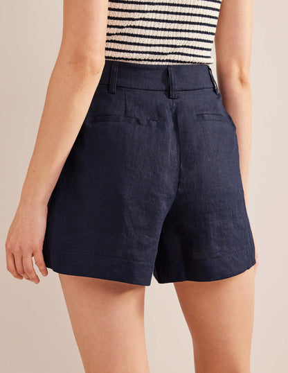 Tailored Linen Shorts-Navy