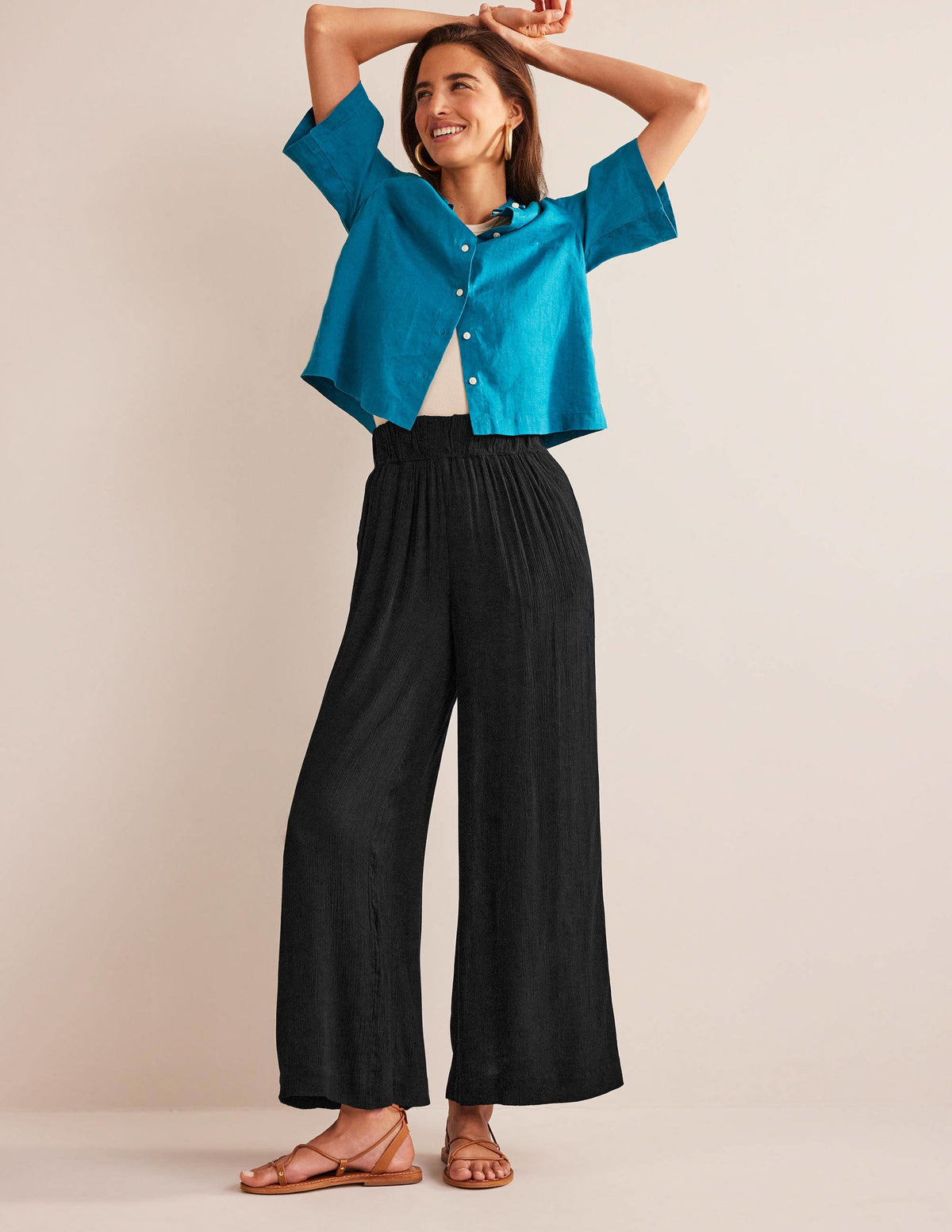 Crinkle Wide Leg Trousers-Black-1
