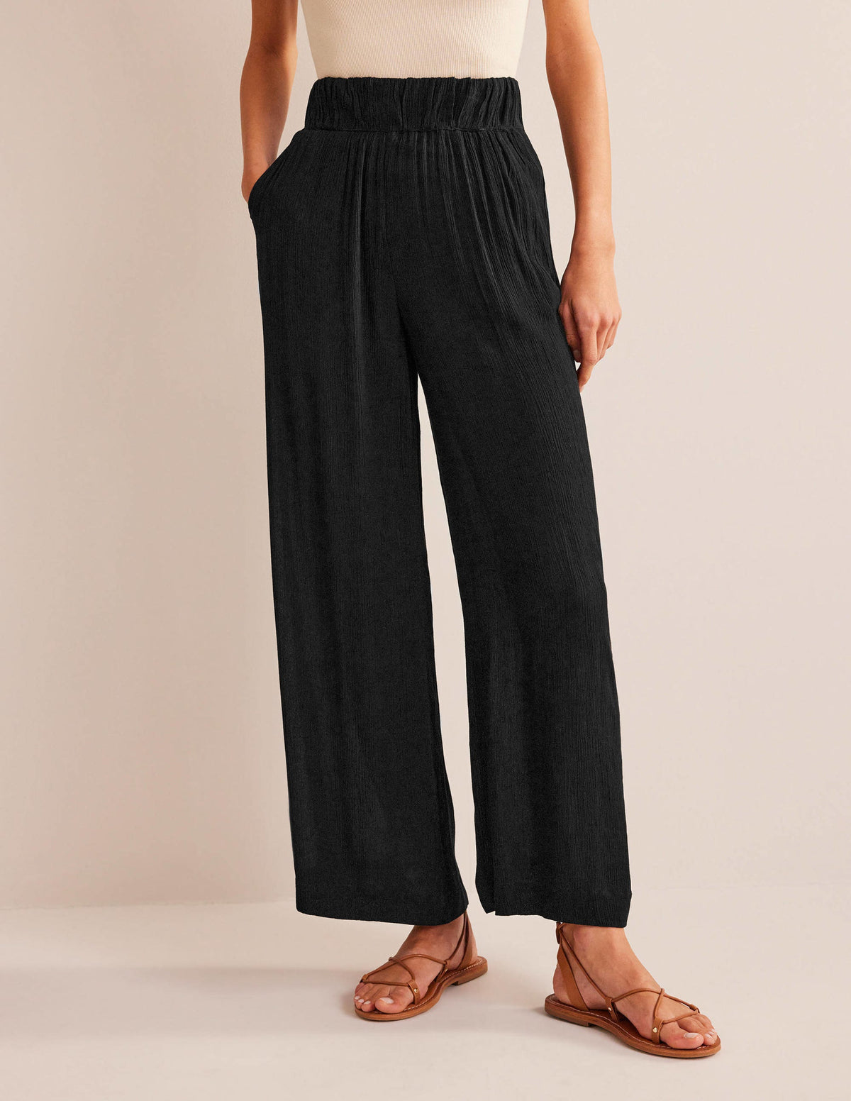 Crinkle Wide Leg Trousers-Black-4