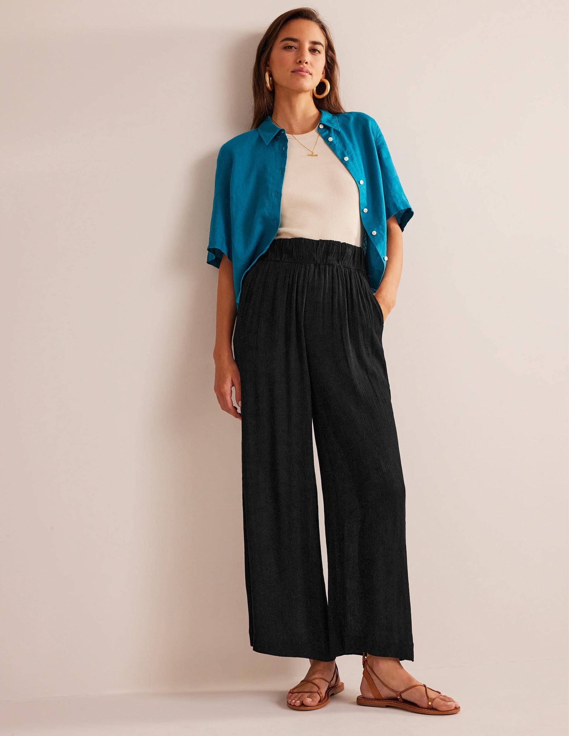 Crinkle Wide Leg Trousers-Black-5