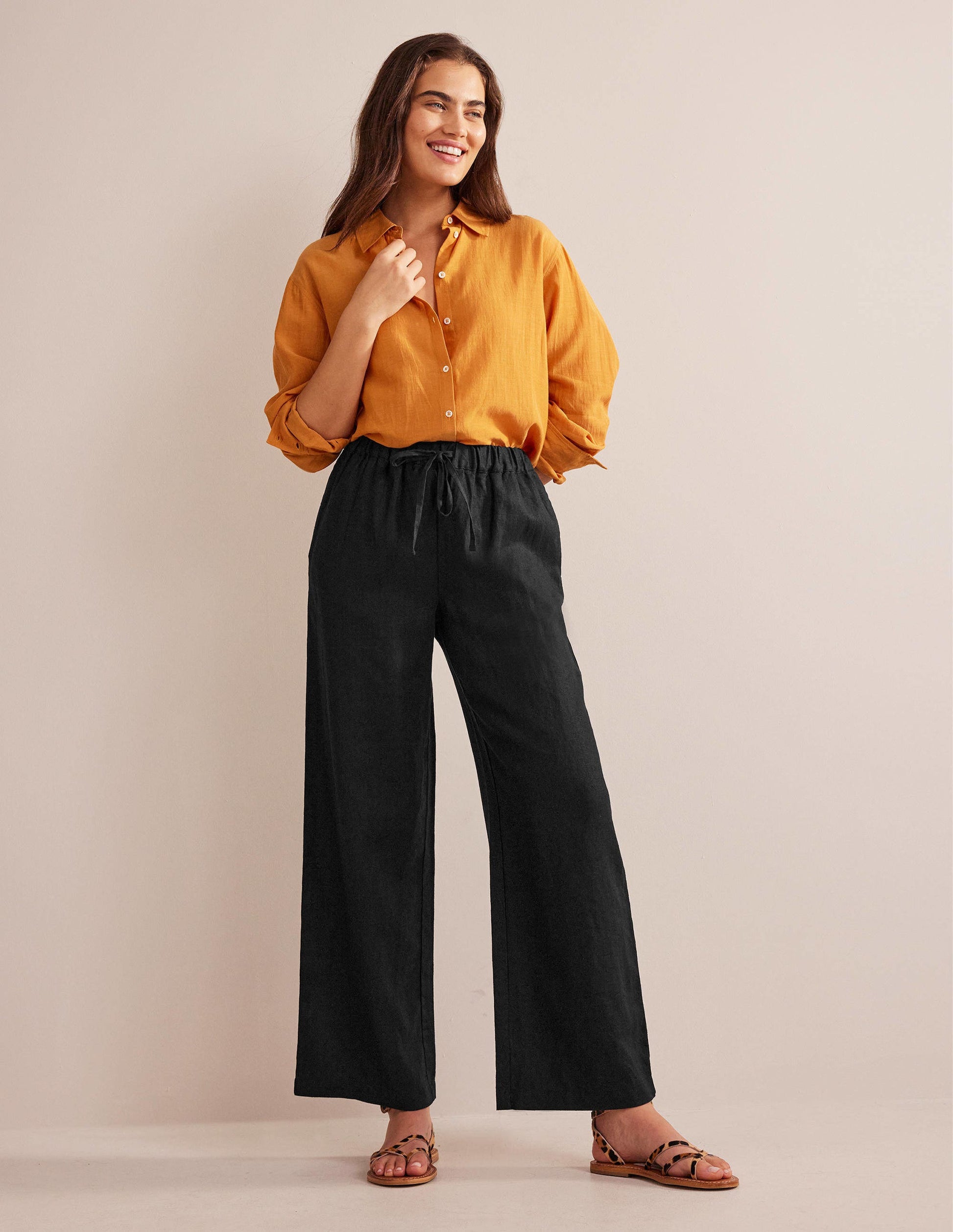 Relaxed Pull-on Linen Pants-Black-1