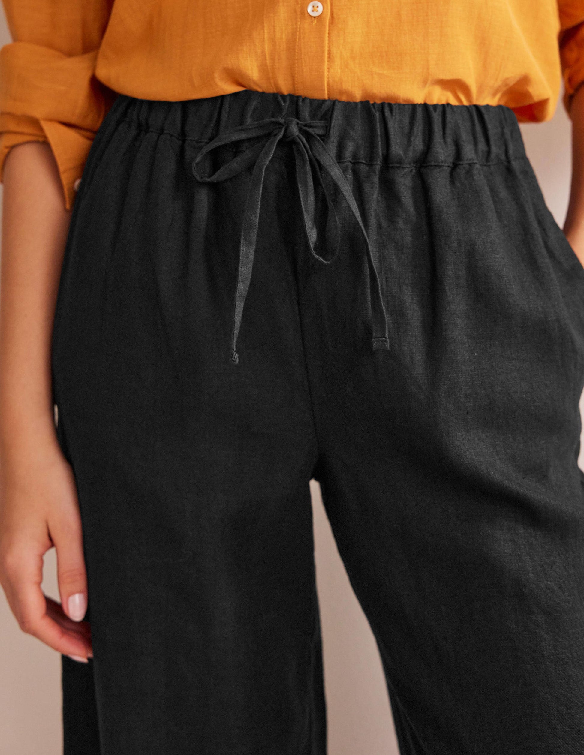 Relaxed Pull-on Linen Pants-Black-2