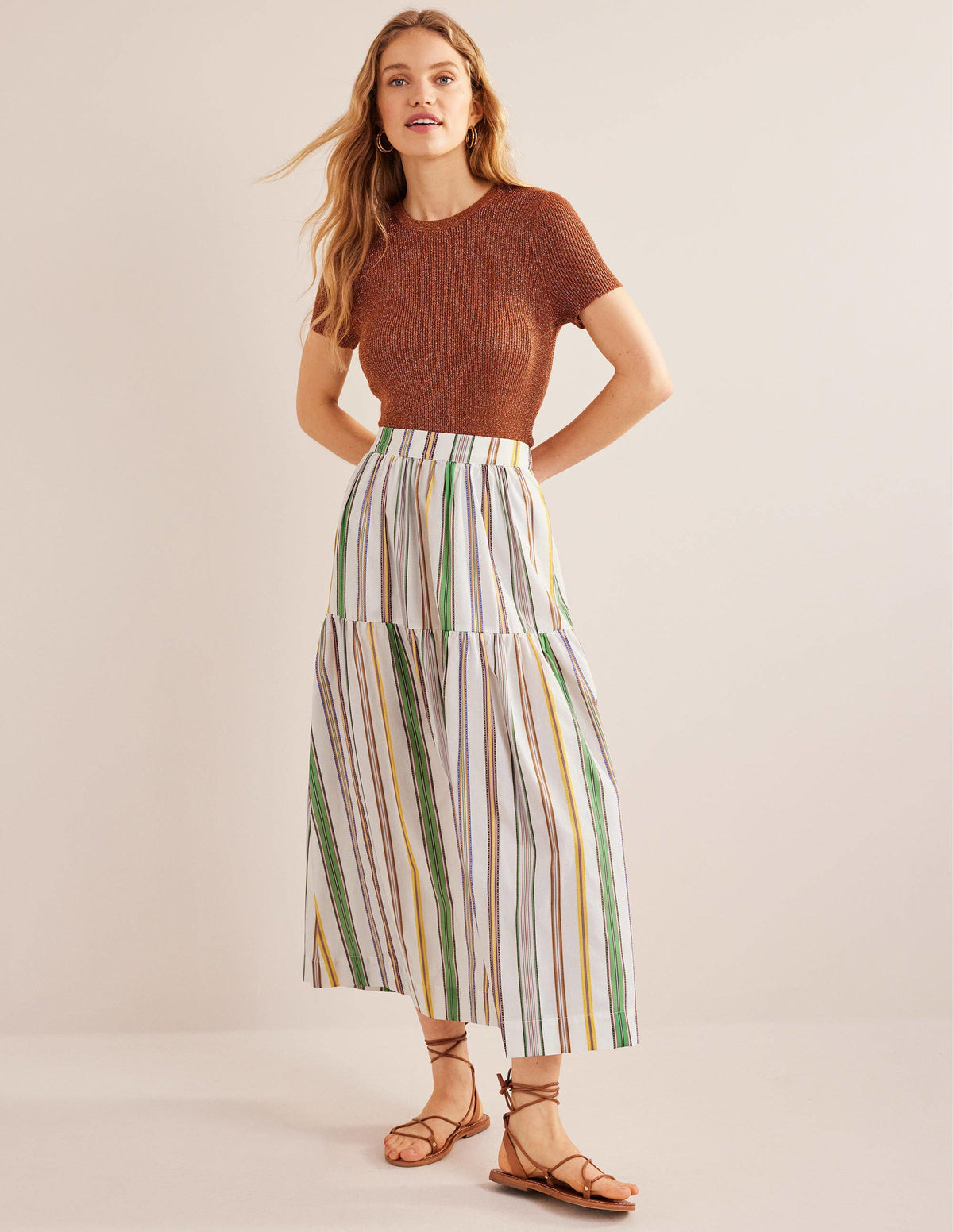 Striped Cotton Maxi Skirt-Ivory, Multi Stripe - Image 1