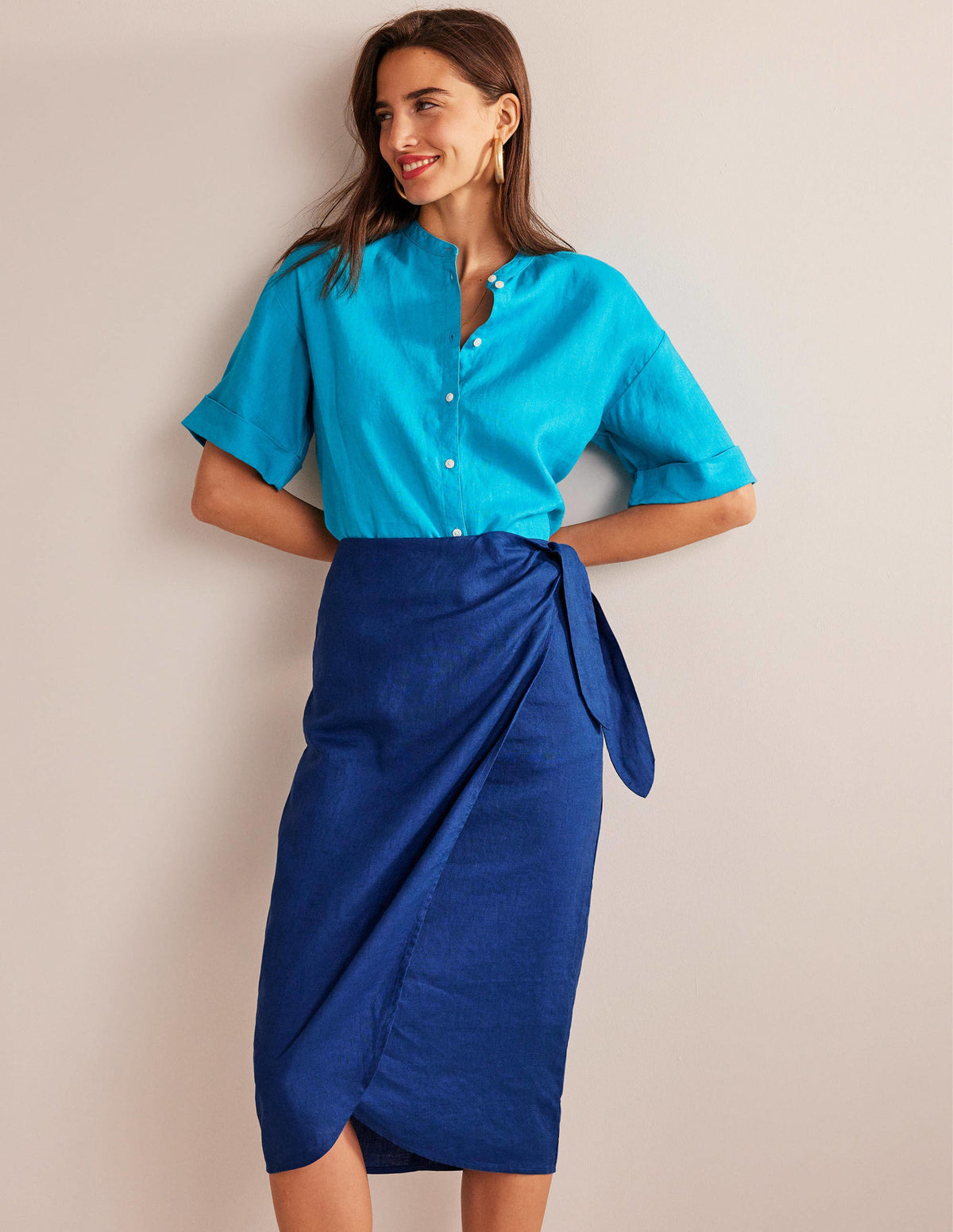 Wrap-Front Linen Midi Skirt-Sapphire - Image 1