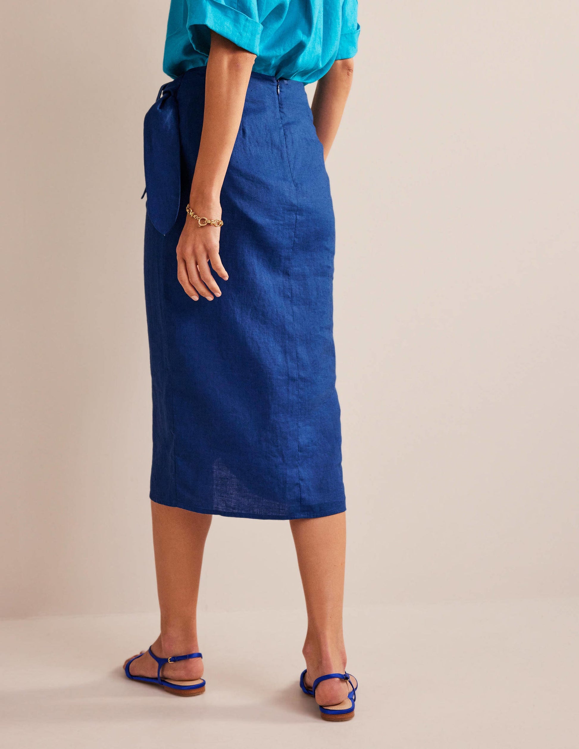 Wrap-Front Linen Midi Skirt-Sapphire-3