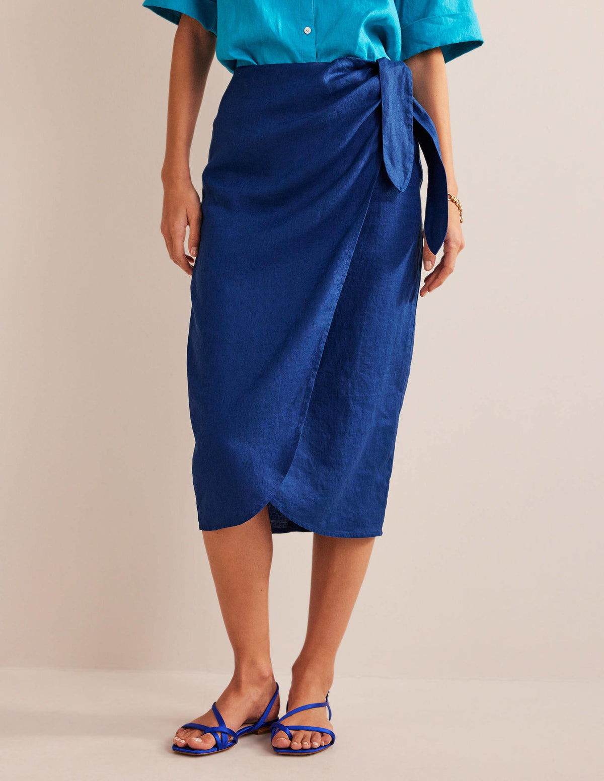 Wrap-Front Linen Midi Skirt-Sapphire - Image 4
