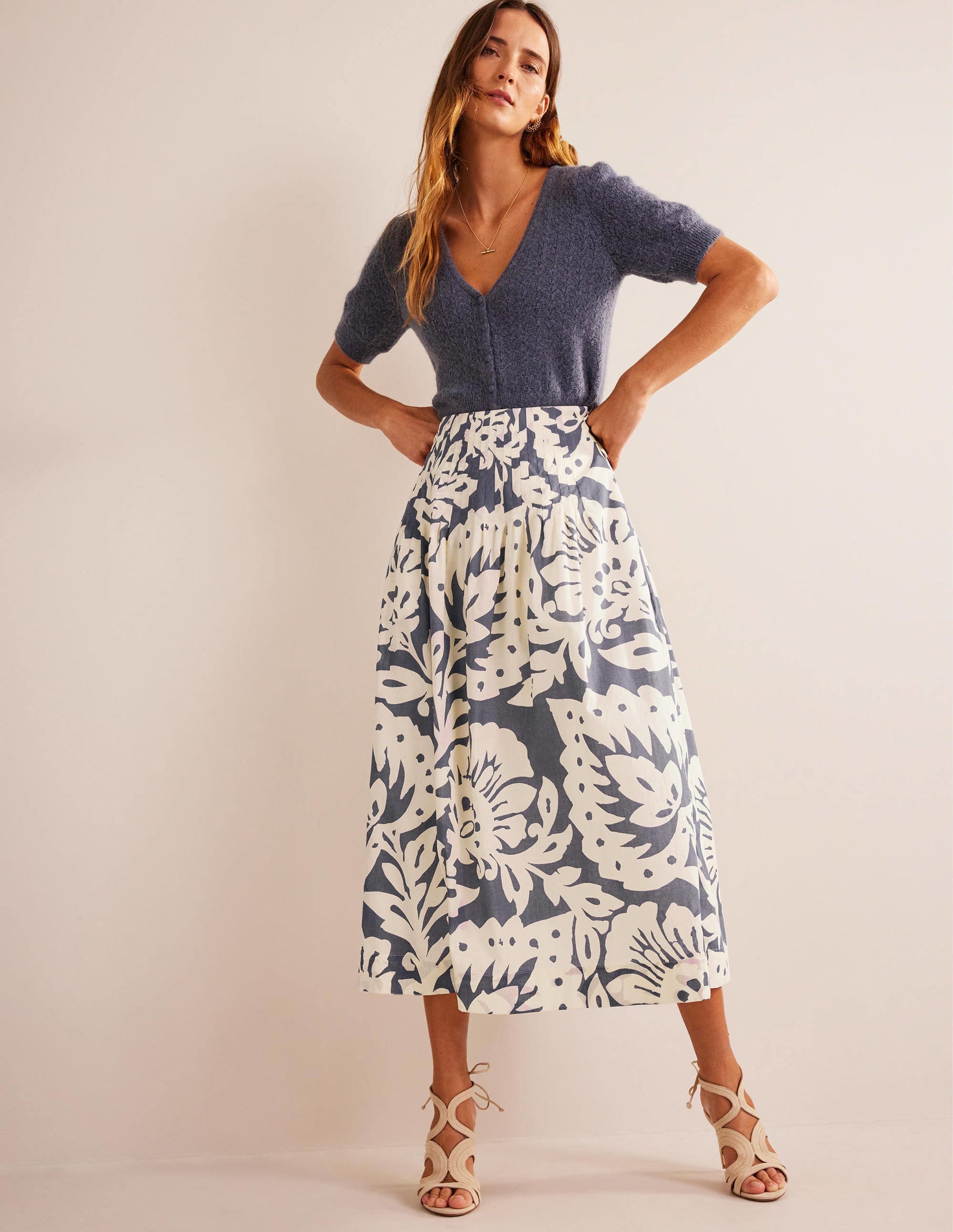 Pleated Cotton Midi Skirt-Sapphire, Oak Terrace - Image 1