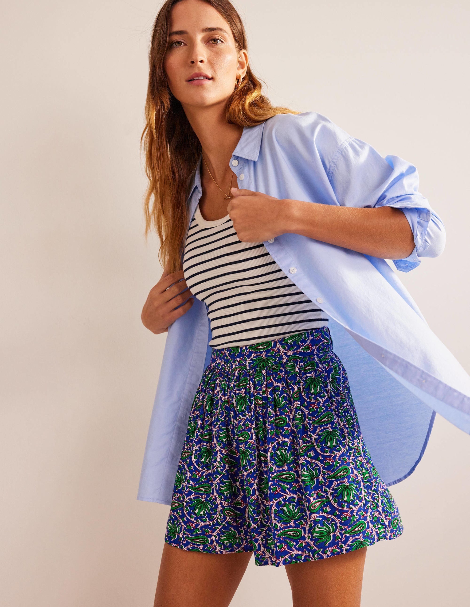 Crinkle Shorts-Blue Wave, Botanic Vine - Image 1