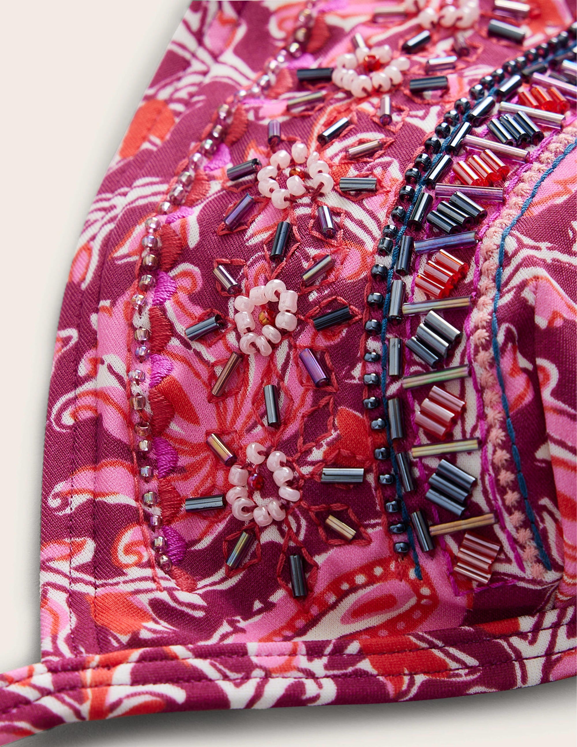 Bead Embellished Bikini Top-Raspberry Pink, Botanic Vine - Image 8