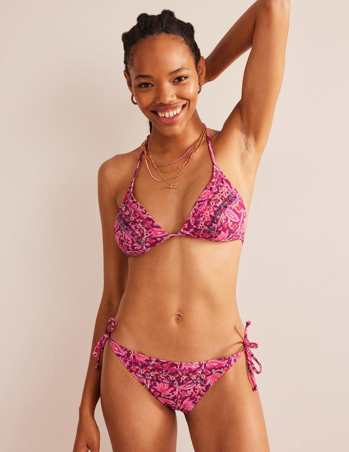 Bead Embellished Bikini Top-Raspberry Pink, Botanic Vine-4