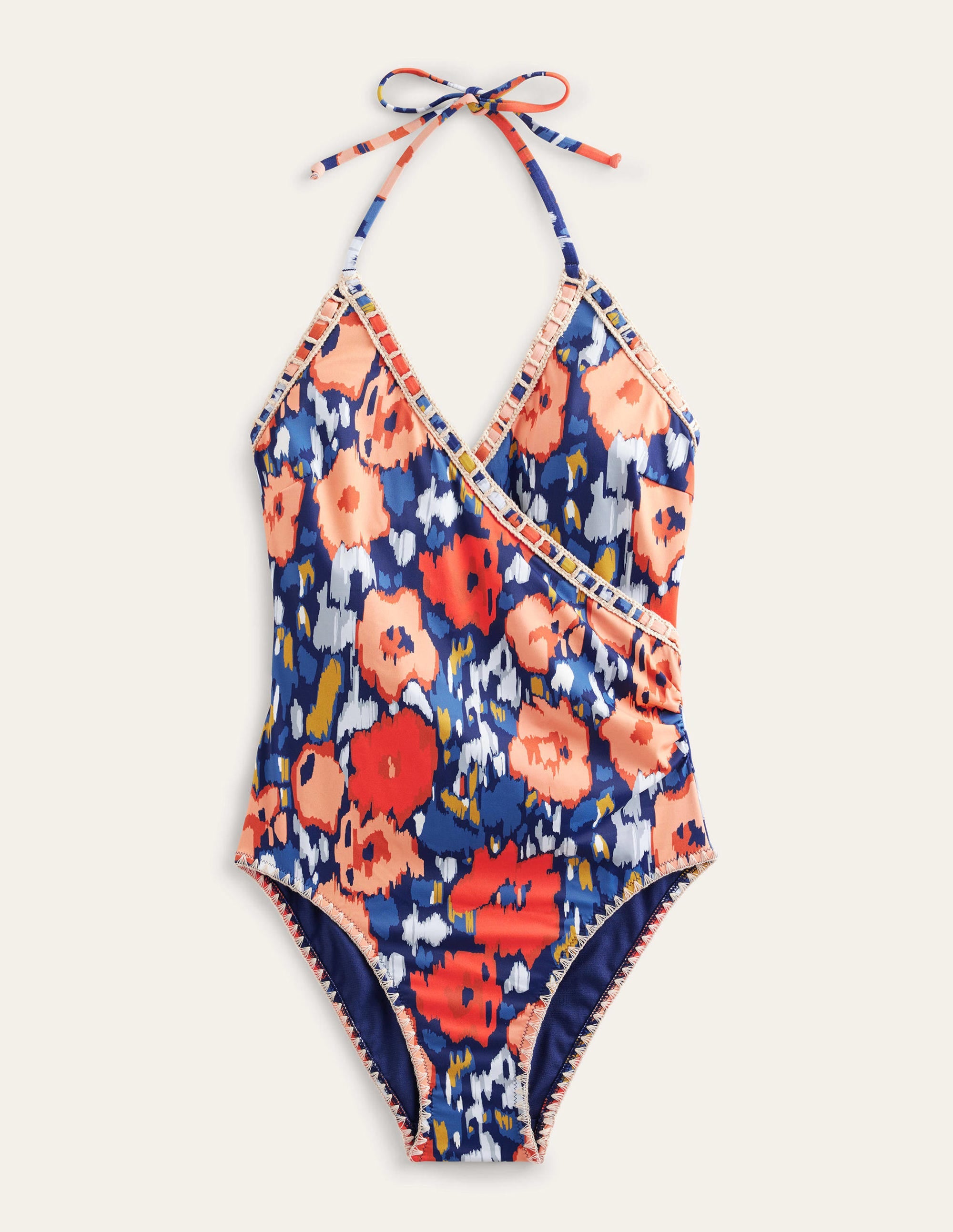 Crochet Trim Wrap Swimsuit-Navy, Abstract Poppy - Image 7