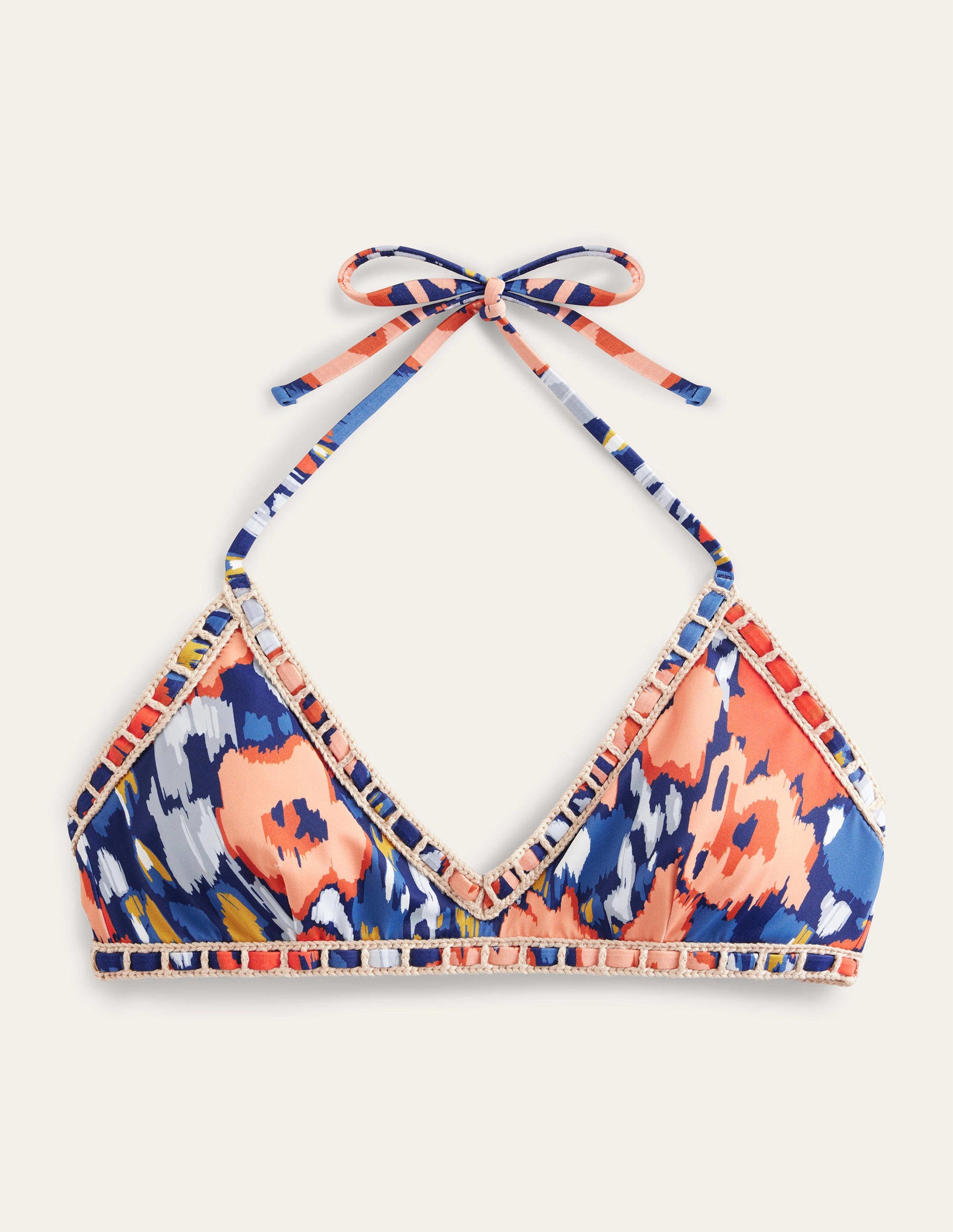 Crochet Trim Bikini Top-Navy, Abstract Poppy-5