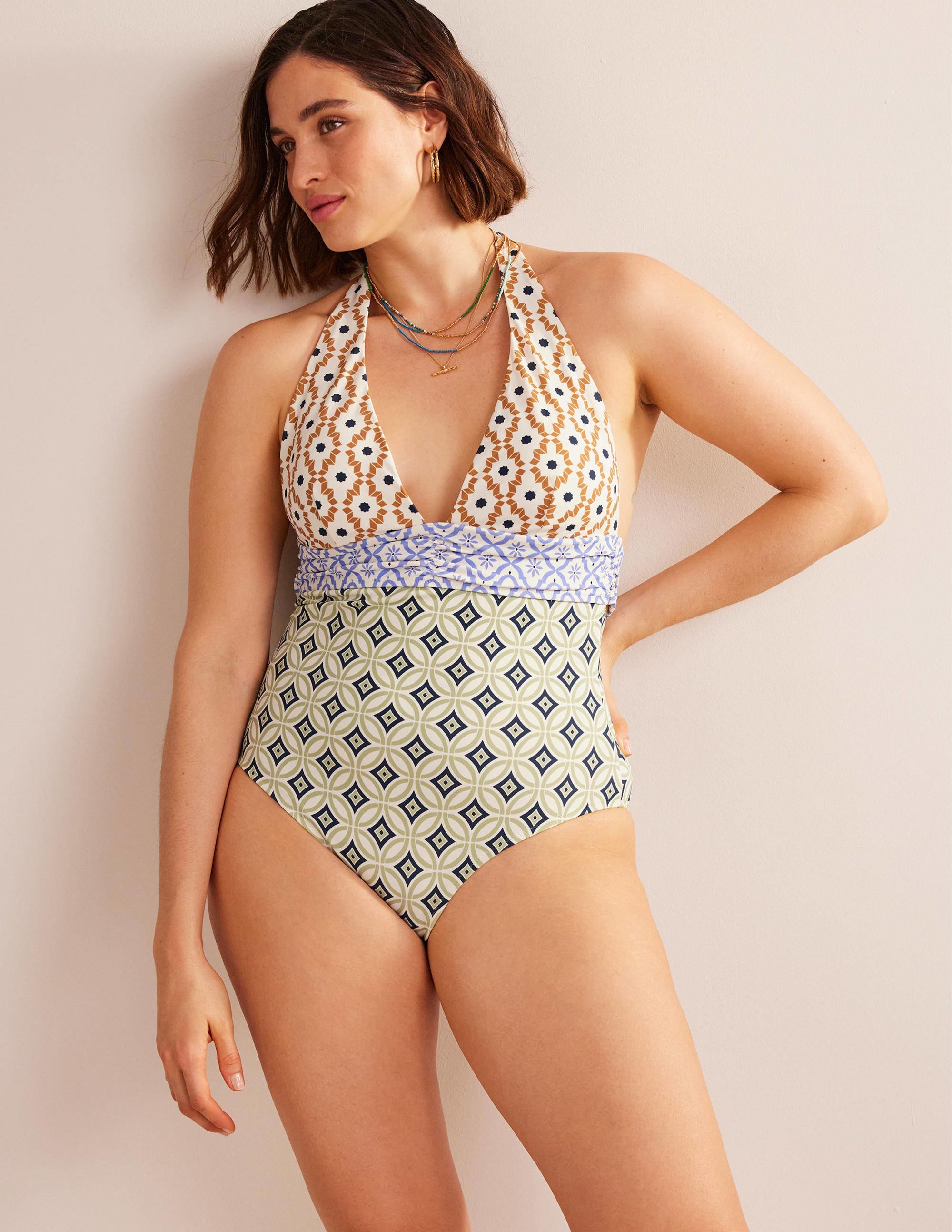 Bow Detail Halter Swimsuit-Multi, Geo Trance - Image 5