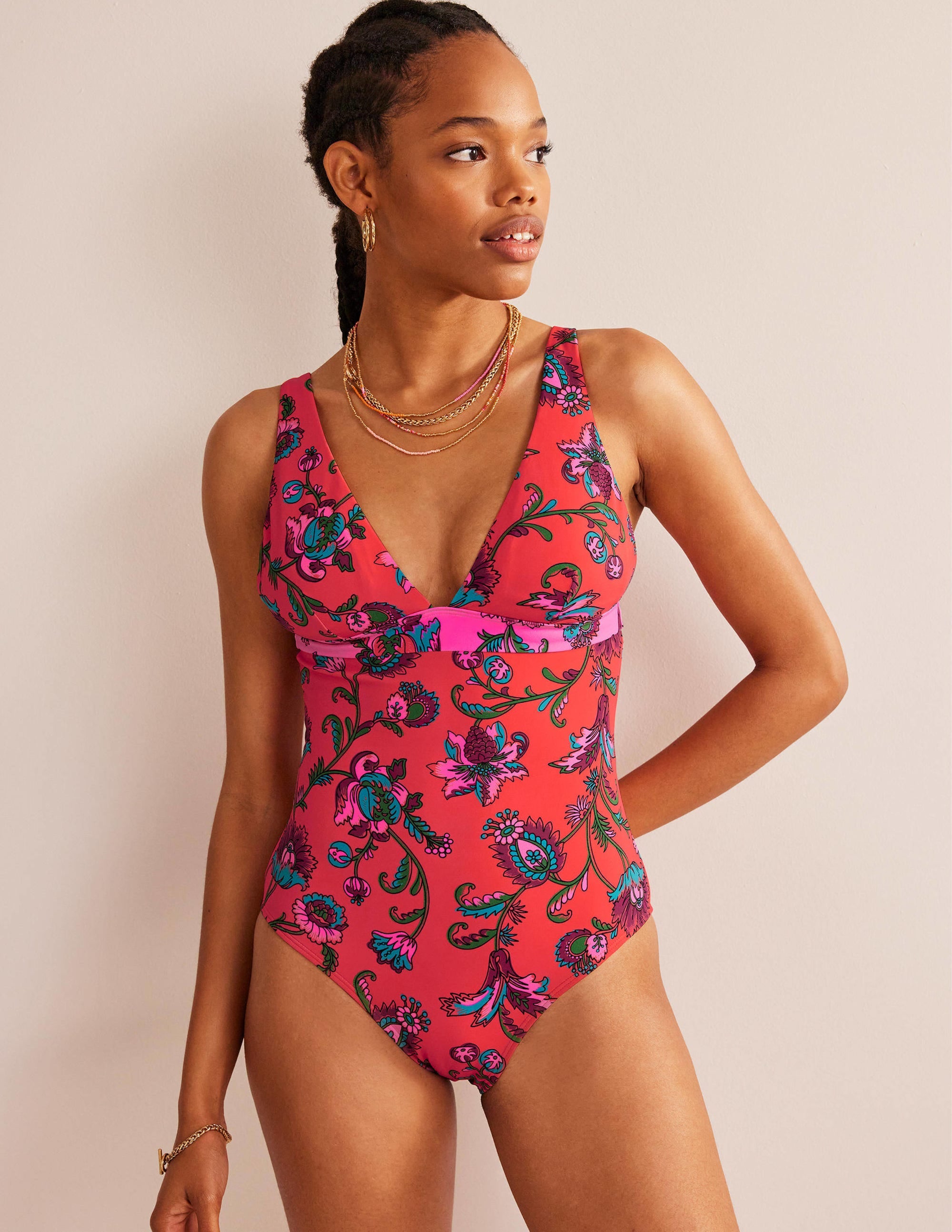 V-Neck Panelled Swimsuit-Spice Pink Floral - Image 4