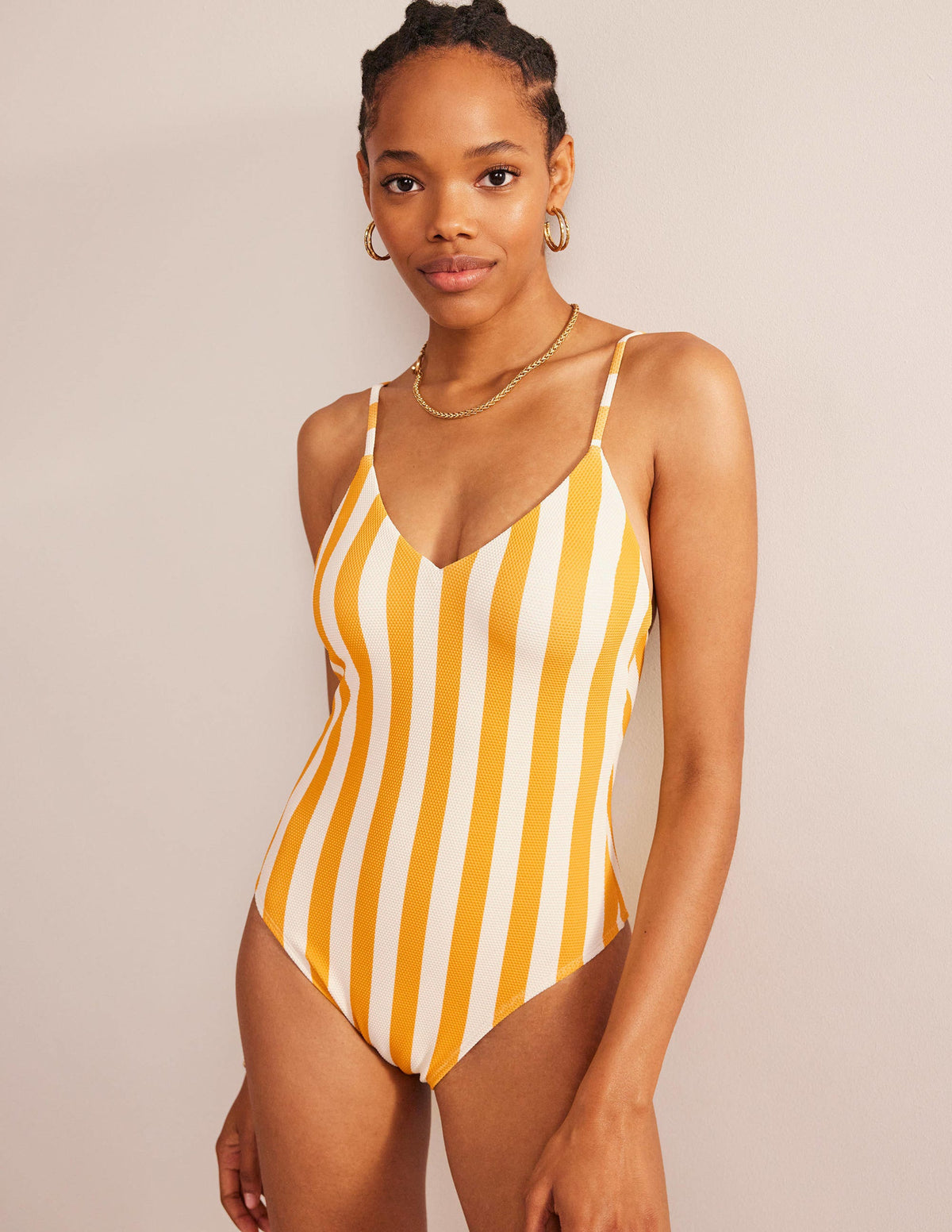 Skinny Strap Stripe Swimsuit-Ginger Yellow, Ivory Stripe - Image 1