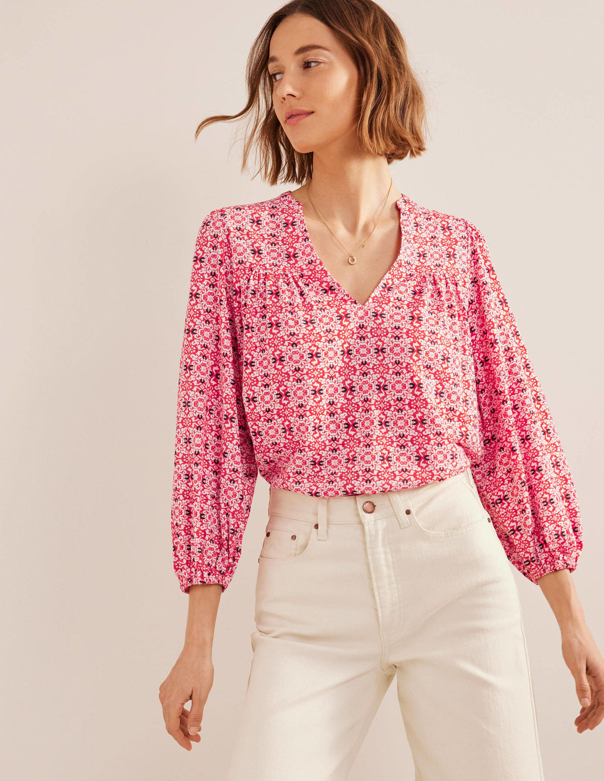 Printed Notch Neck Top-Red Tile Geo - Image 1