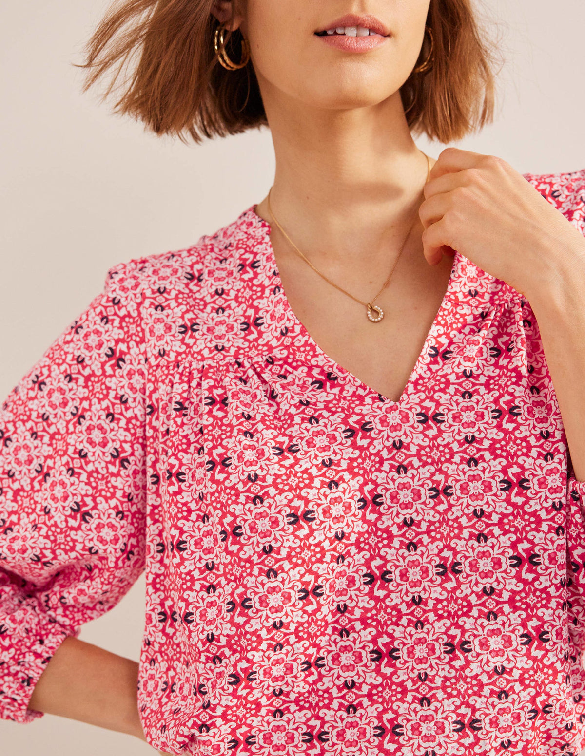 Printed Notch Neck Top-Red Tile Geo - Image 2