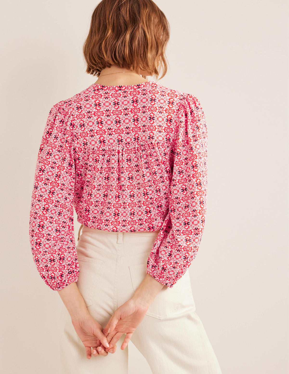 Printed Notch Neck Top-Red Tile Geo - Image 3