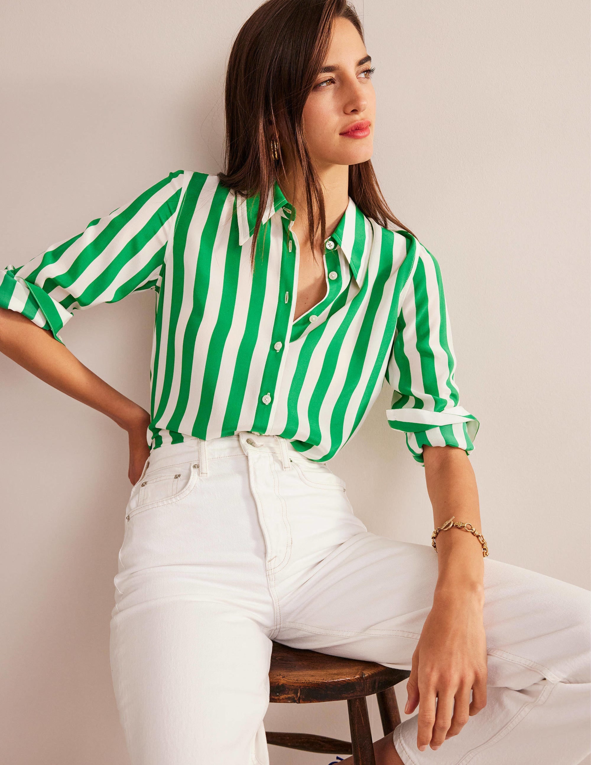 Silk Shirt-Rich Emerald and Ivory Stripe - Image 1