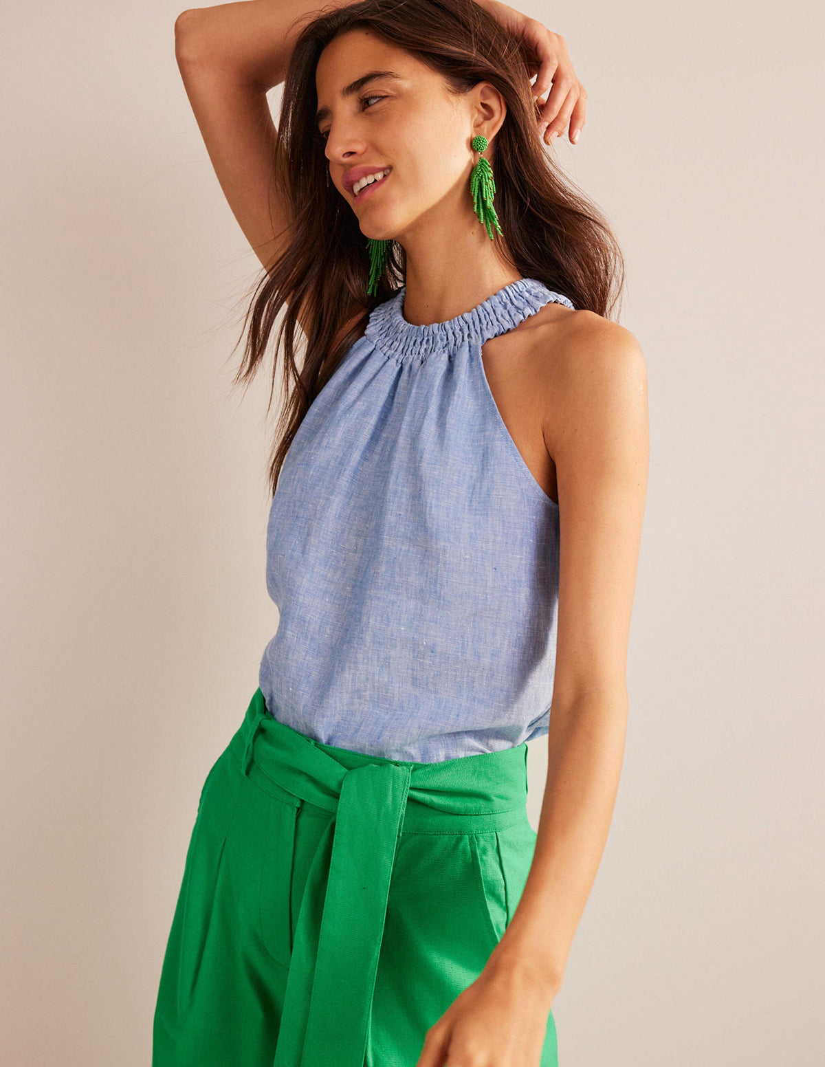Linen Smocked Halter Top-Chambray - Image 1