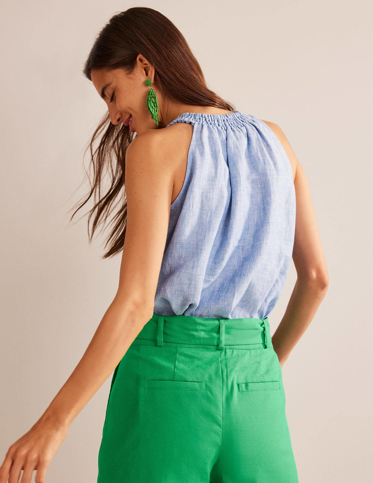 Linen Smocked Halter Top-Chambray-3