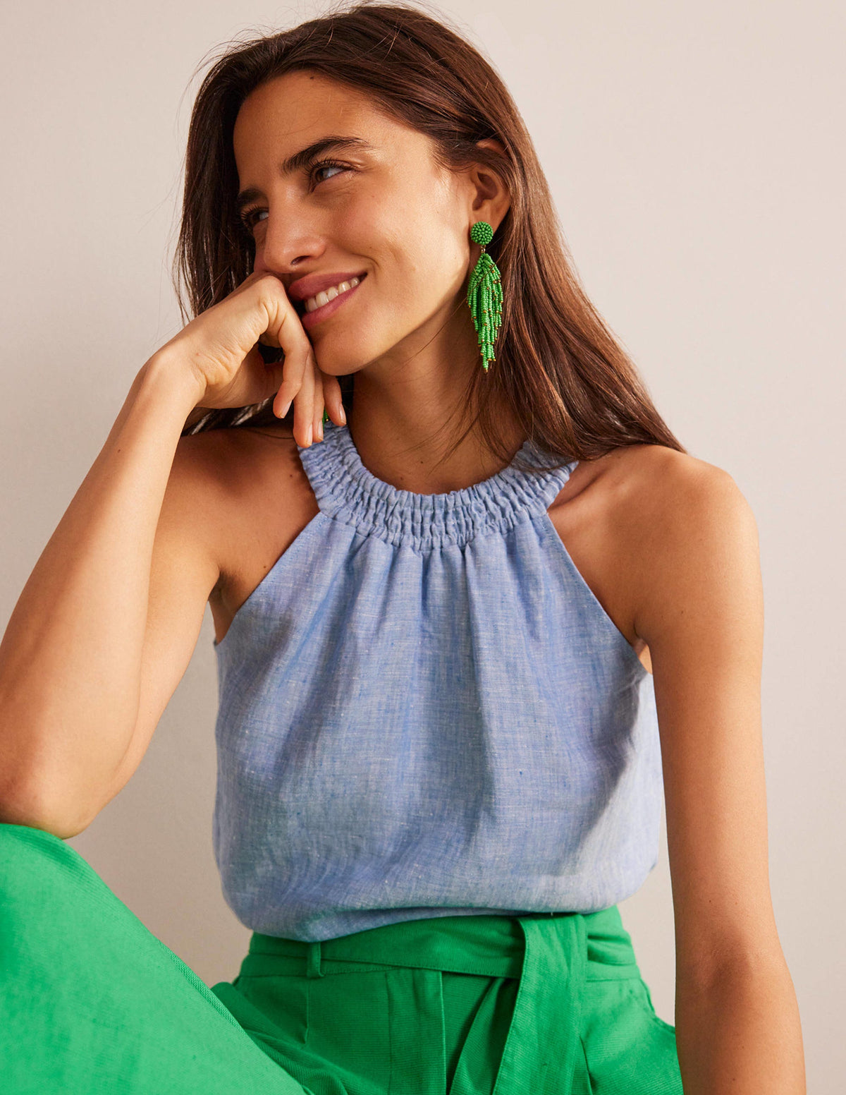 Linen Smocked Halter Top-Chambray-5