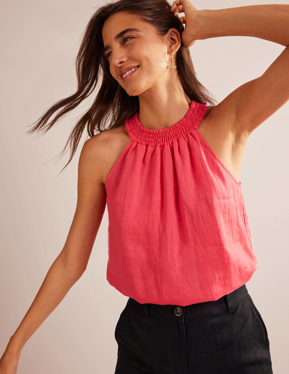Linen Smocked Halter Top-Coral Sunset - Image 1