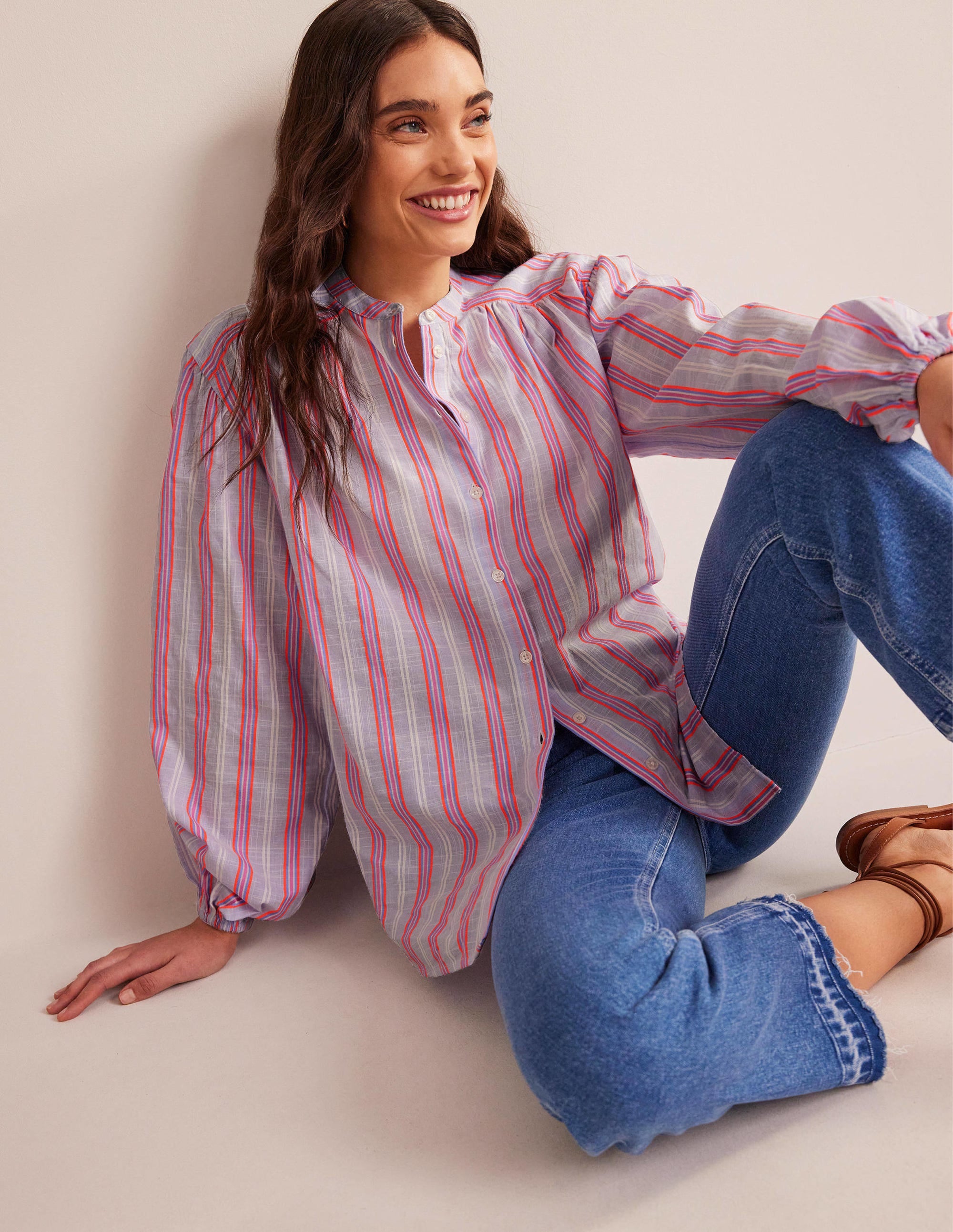 Oversized Blouson Sleeve Shirt-Blue and Watermelon Punch - Image 1