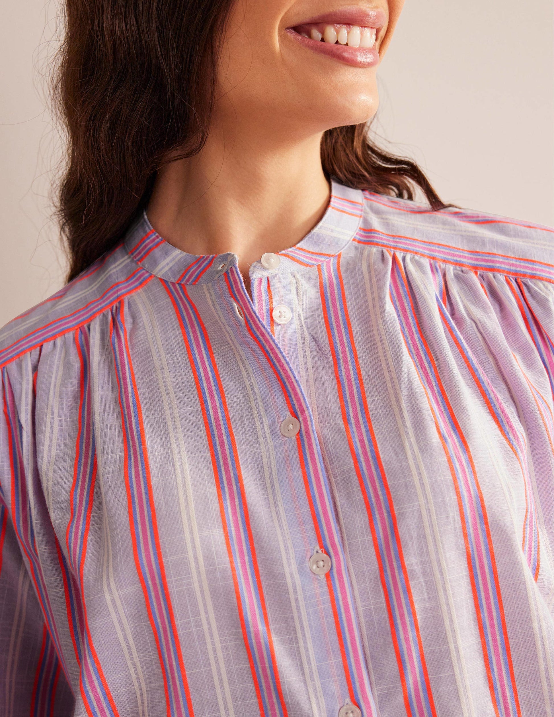 Oversized Blouson Sleeve Shirt-Blue and Watermelon Punch-2
