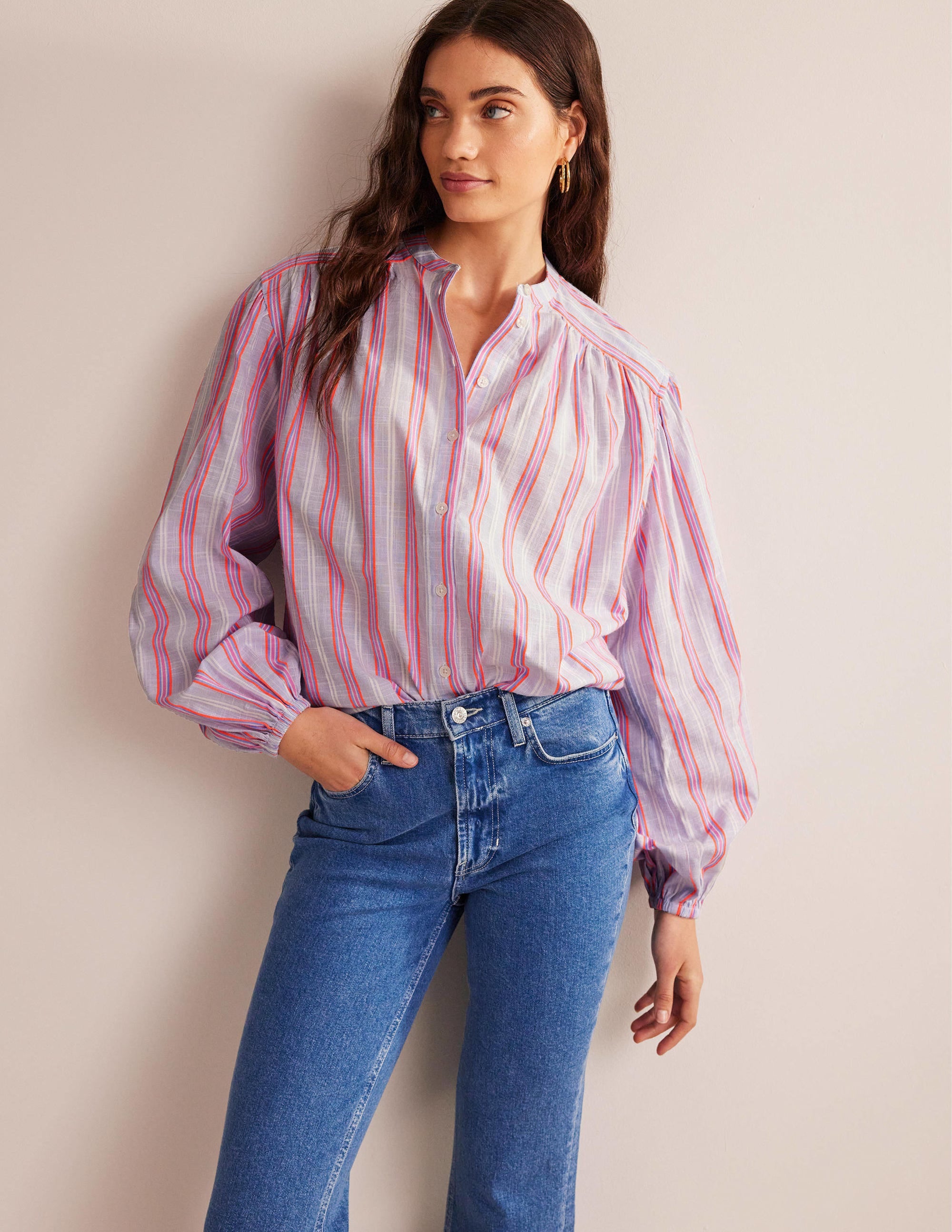 Oversized Blouson Sleeve Shirt-Blue and Watermelon Punch - Image 4