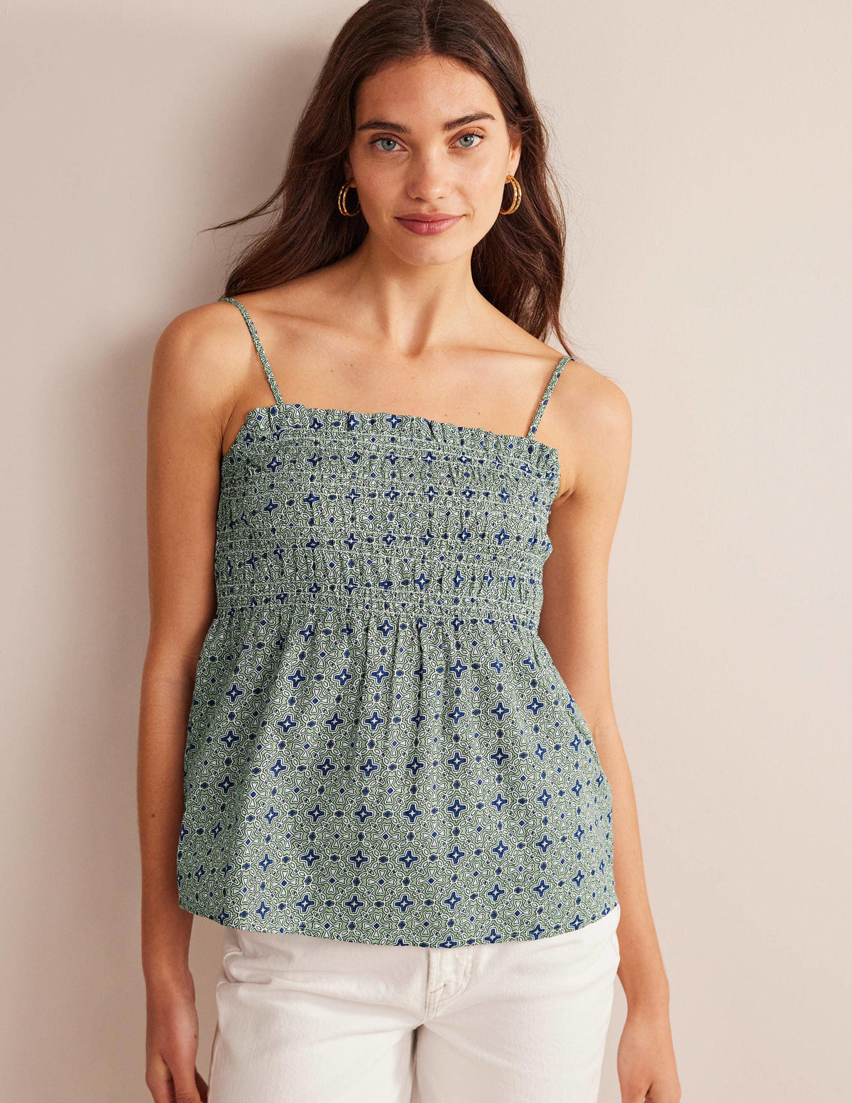Smocked Cami Top-Reseda, Floral Tile - Image 1