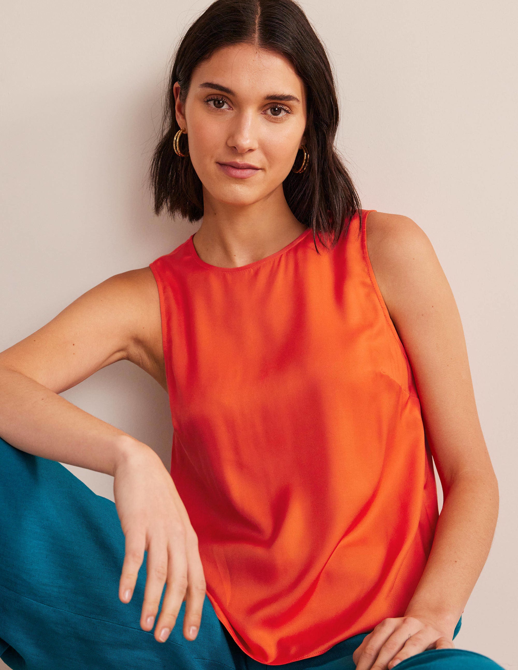 Silk Blend Shell Top-Vermillion Red - Image 1