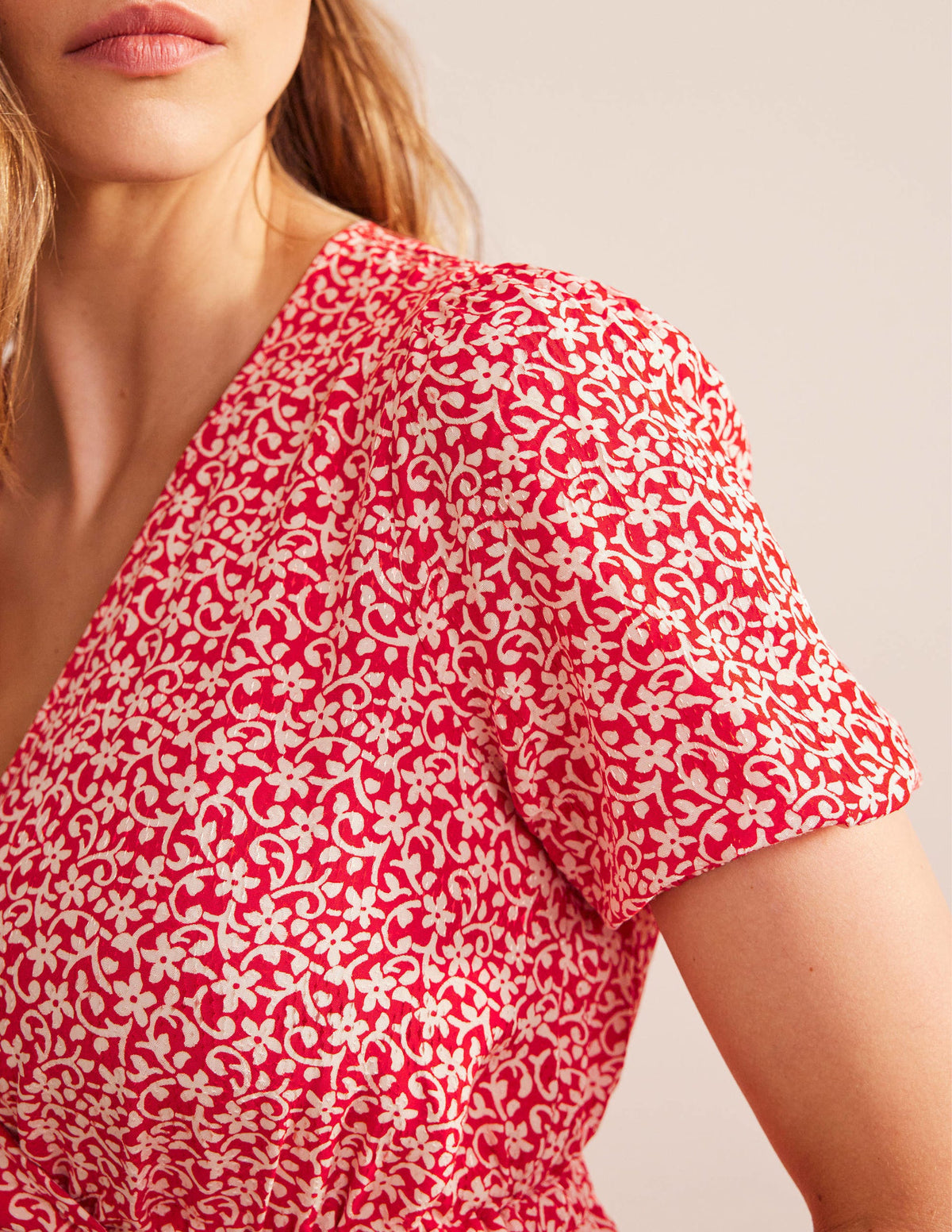 Wrap Elasticated Waist Top-Vermillion, Flower Stem-2