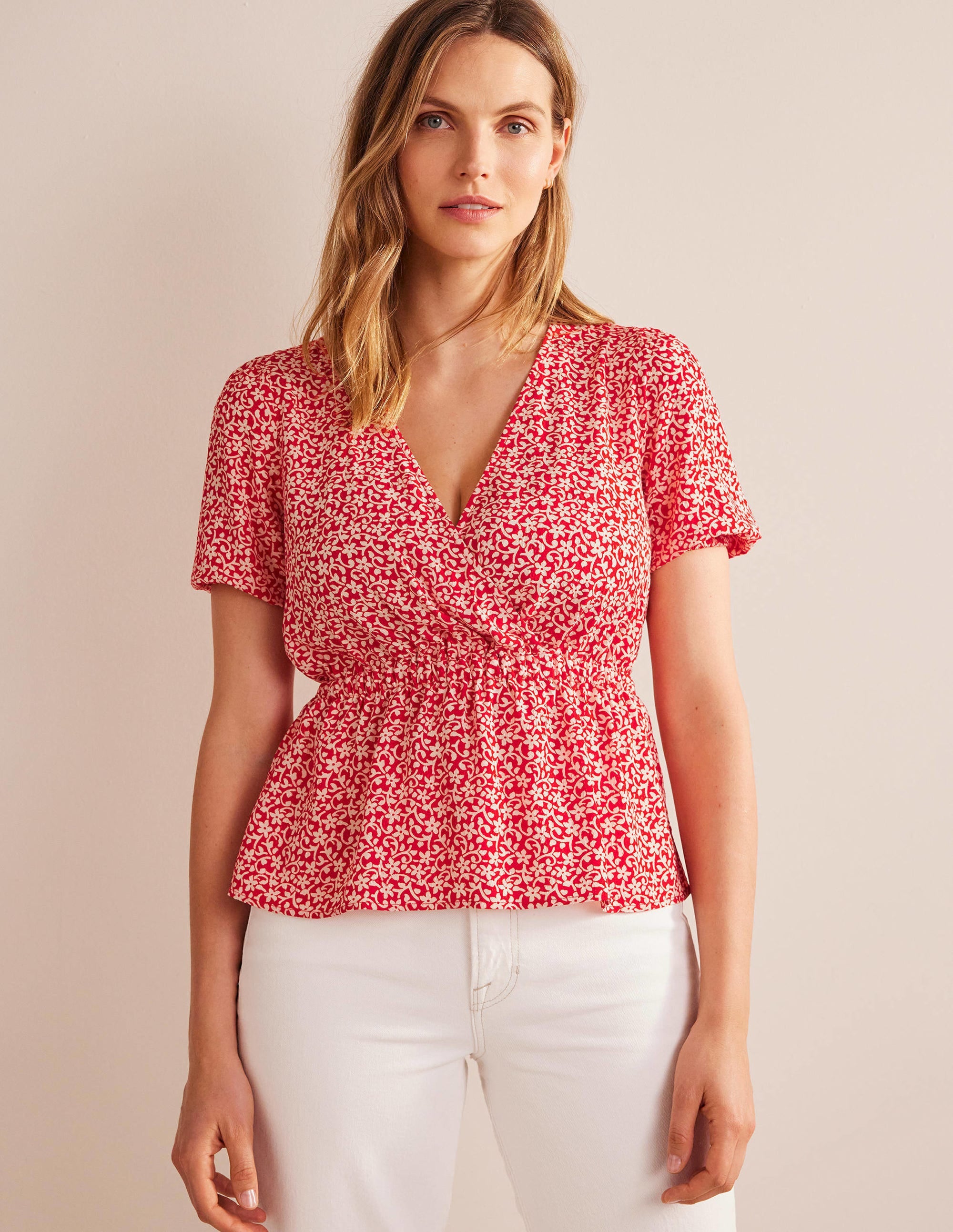 Wrap Elasticated Waist Top-Vermillion, Flower Stem - Image 3