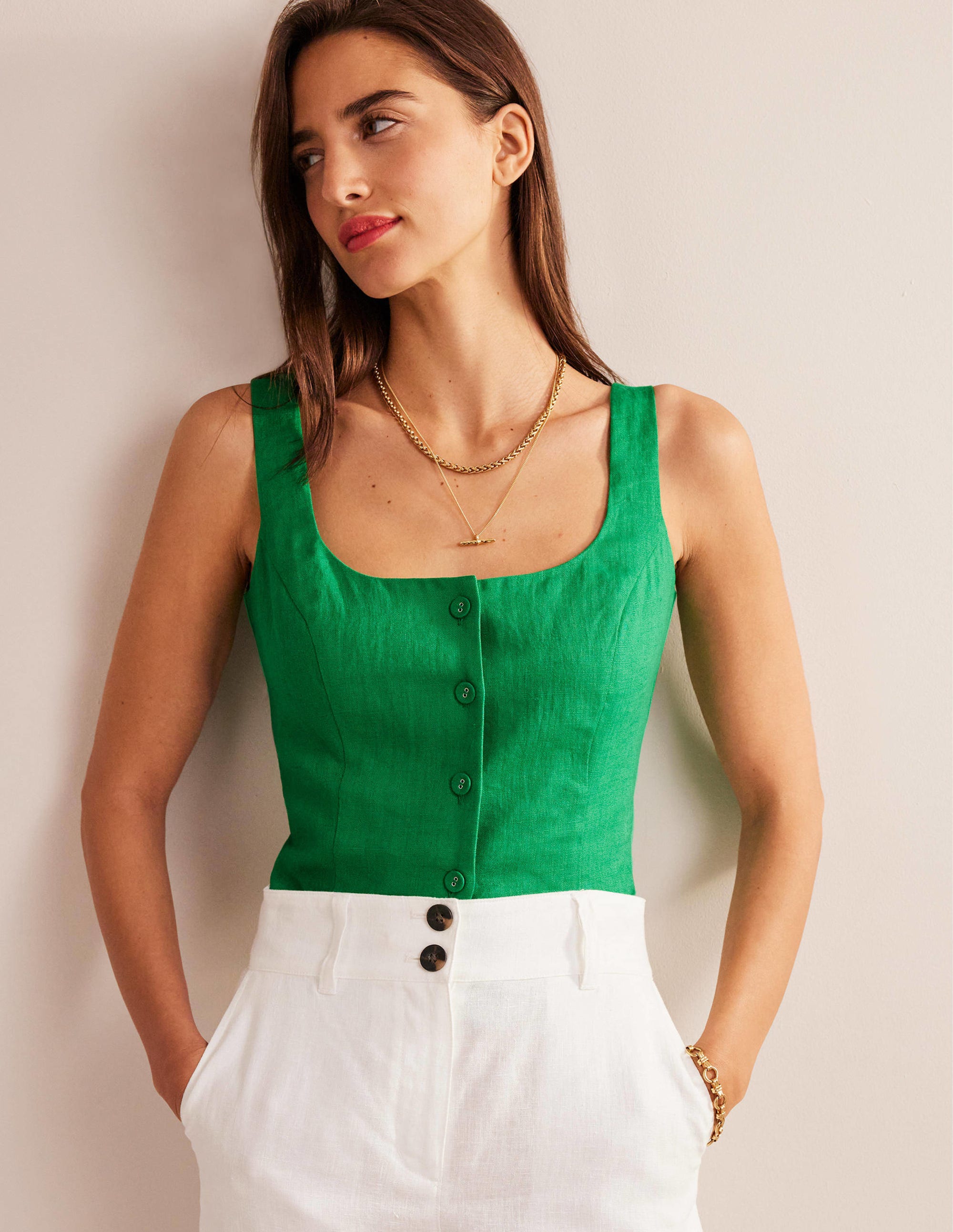 Square Neck Button Top-Rich Emerald - Image 1