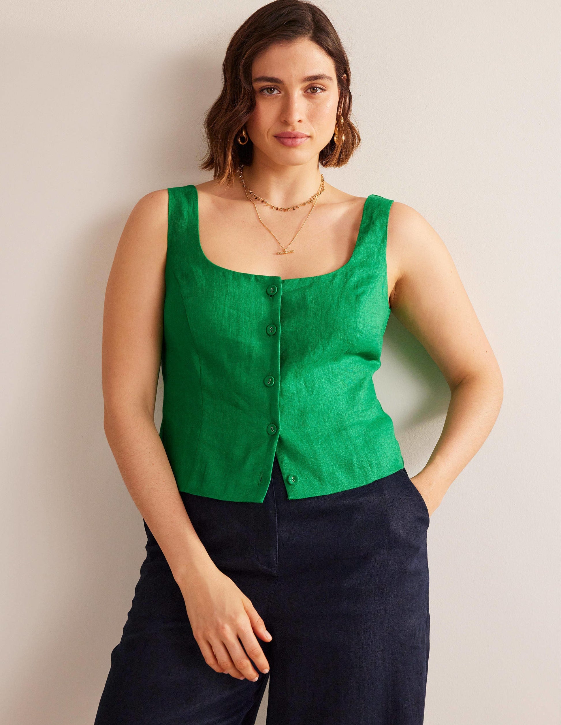 Square Neck Button Top-Rich Emerald-5