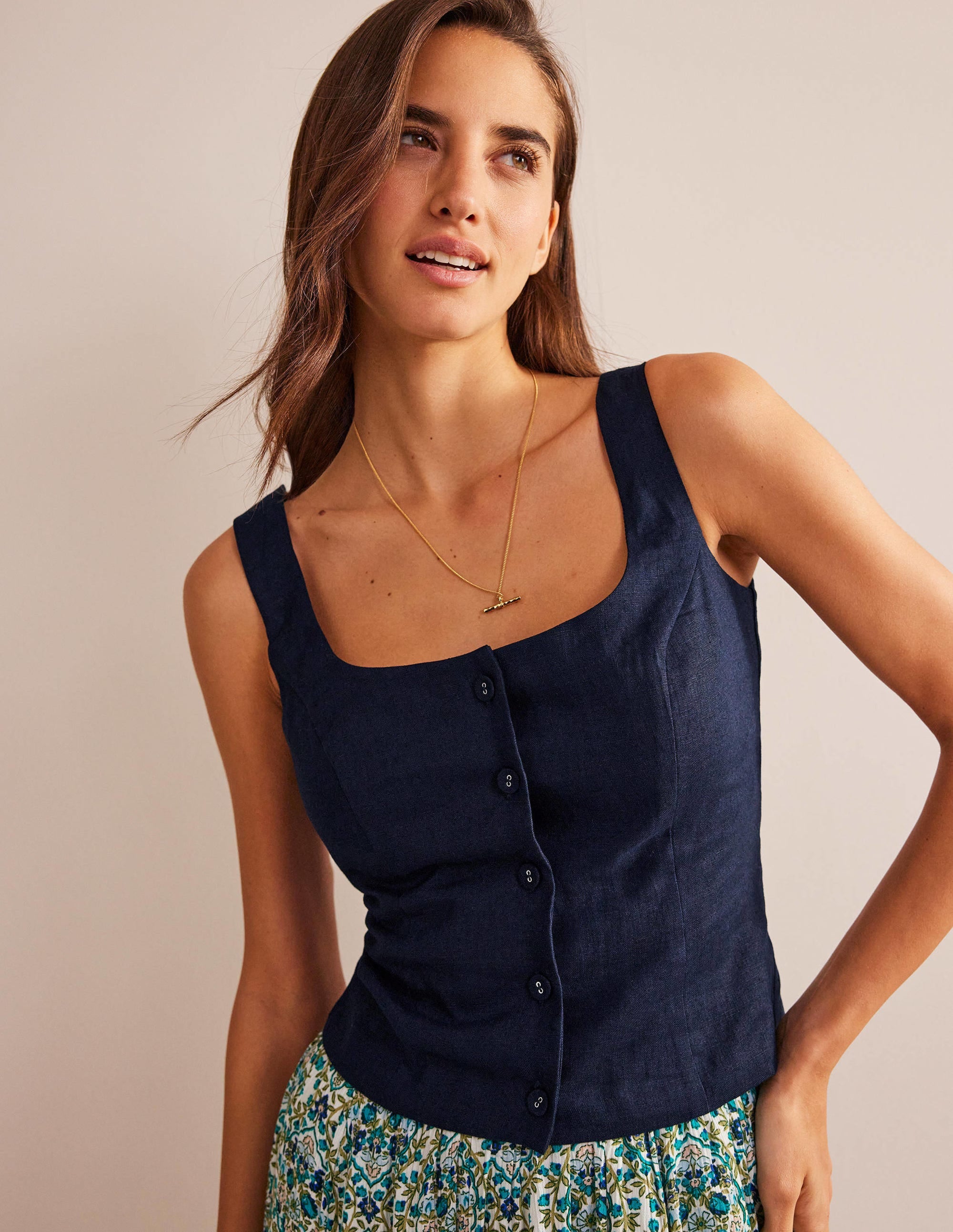 Square Neck Button Top-Navy - Image 1
