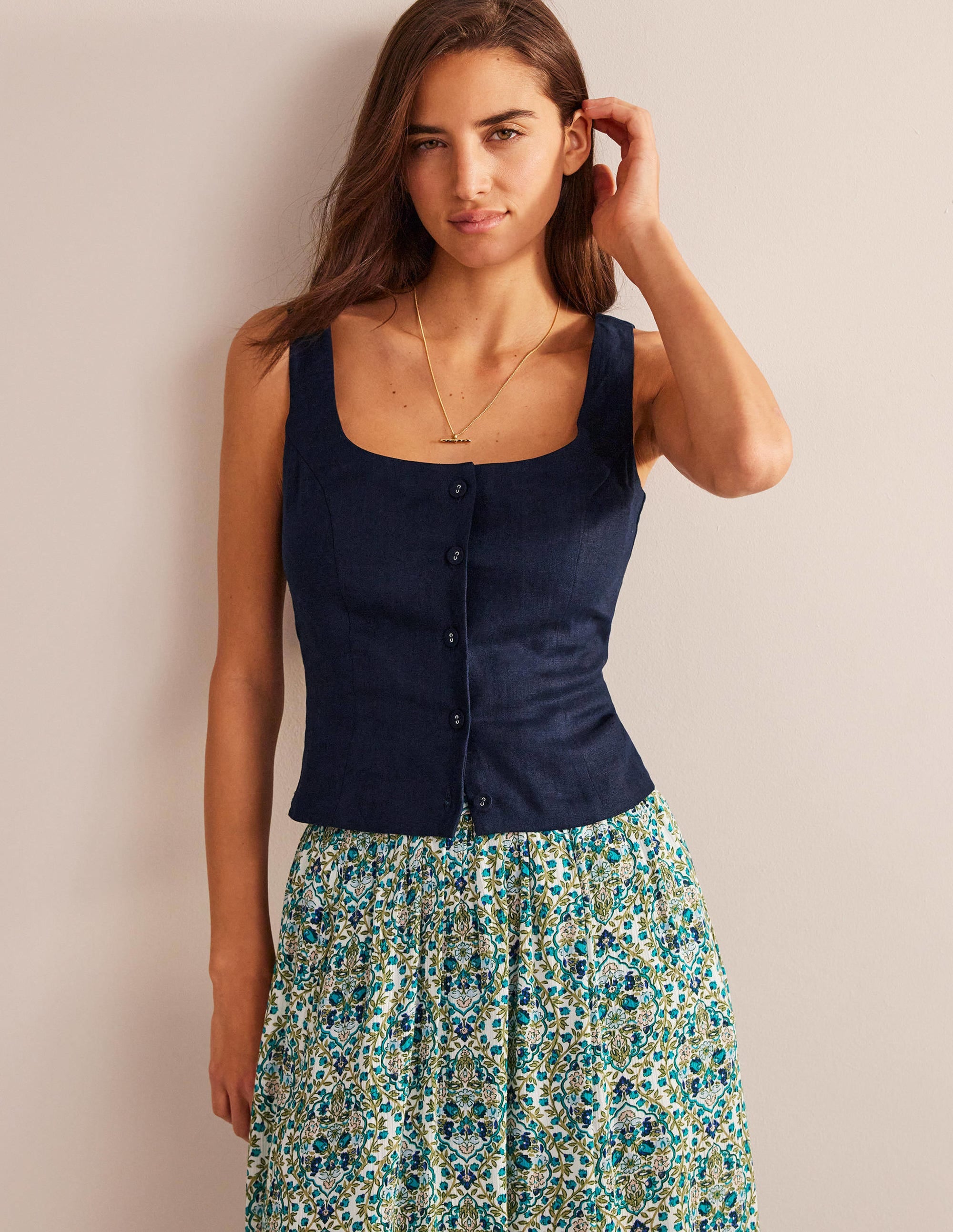 Square Neck Button Top-Navy - Image 4
