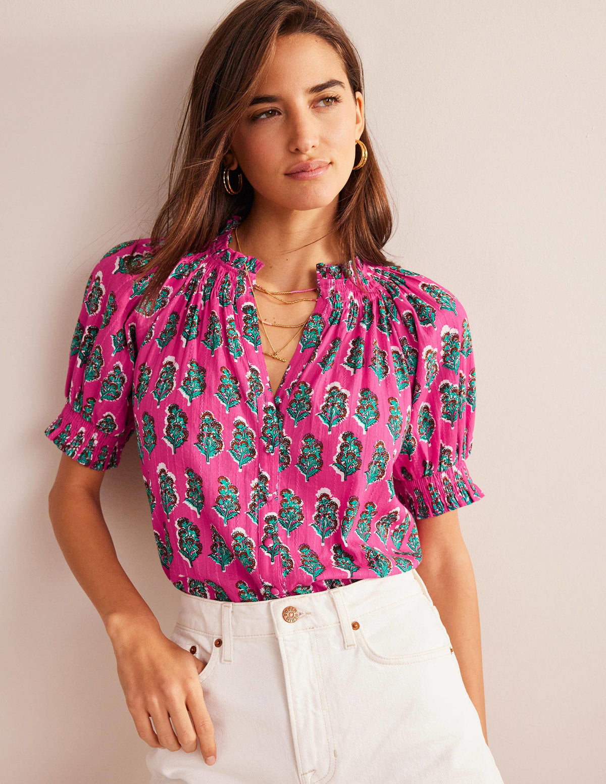 Smocking Detail Pretty Top-Festival Pink, Artisan Bloom - Image 1