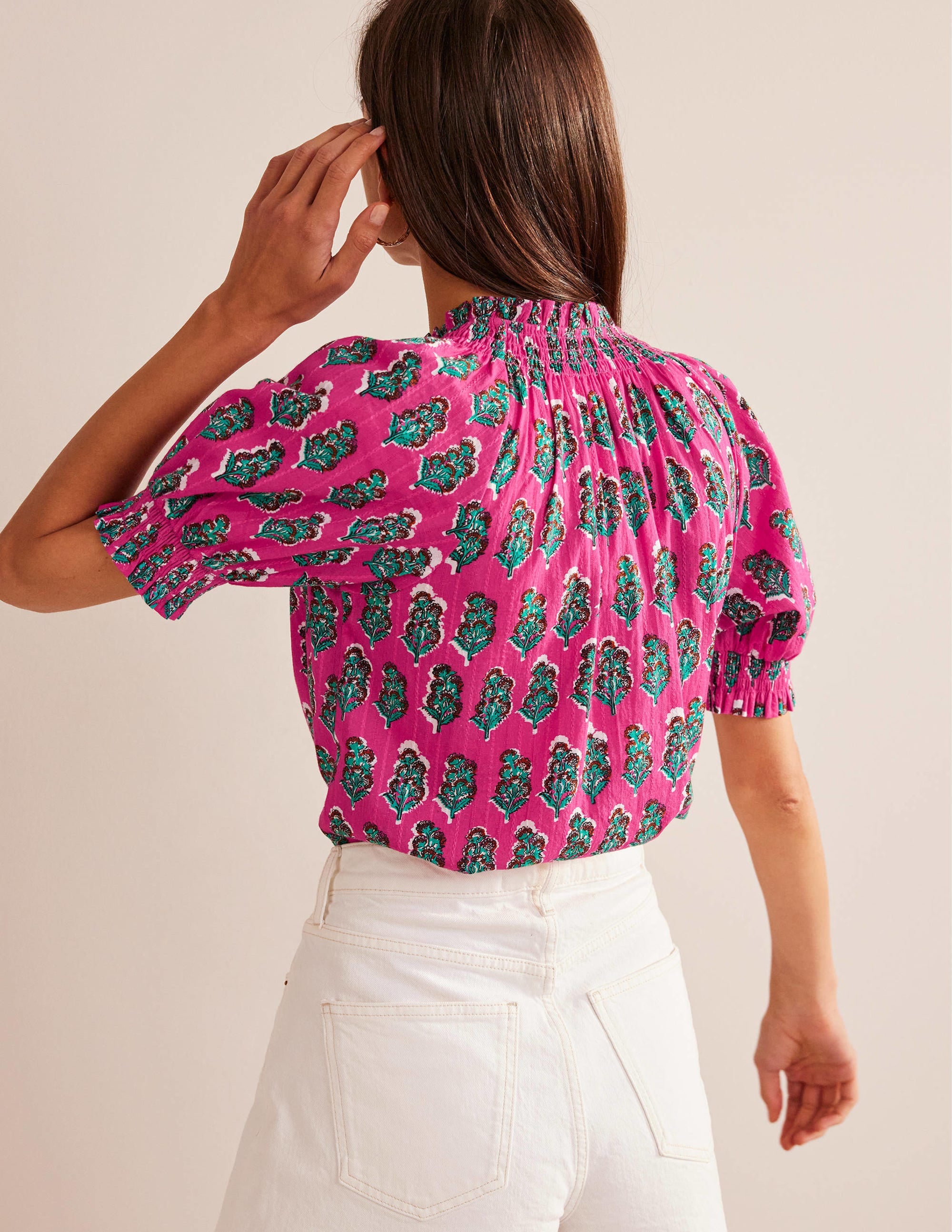 Smocking Detail Pretty Top-Festival Pink, Artisan Bloom - Image 3