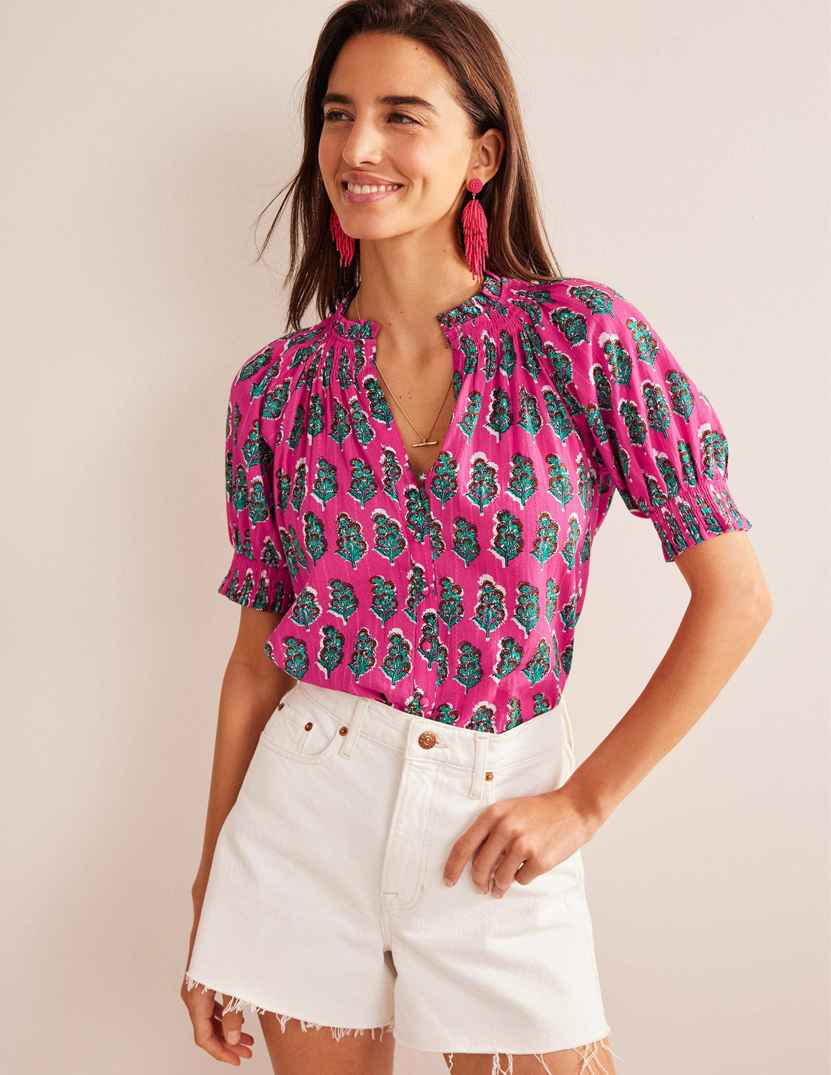 Smocking Detail Pretty Top-Festival Pink, Artisan Bloom - Image 4