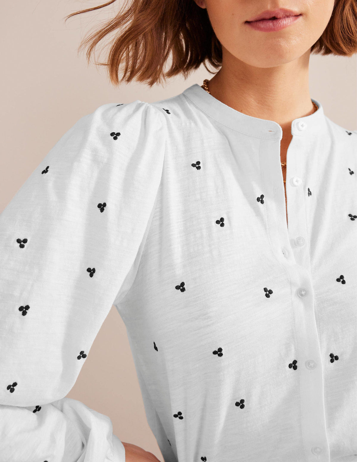 Long Sleeve Embroidered Top-White, Blue Embroidery - Image 2