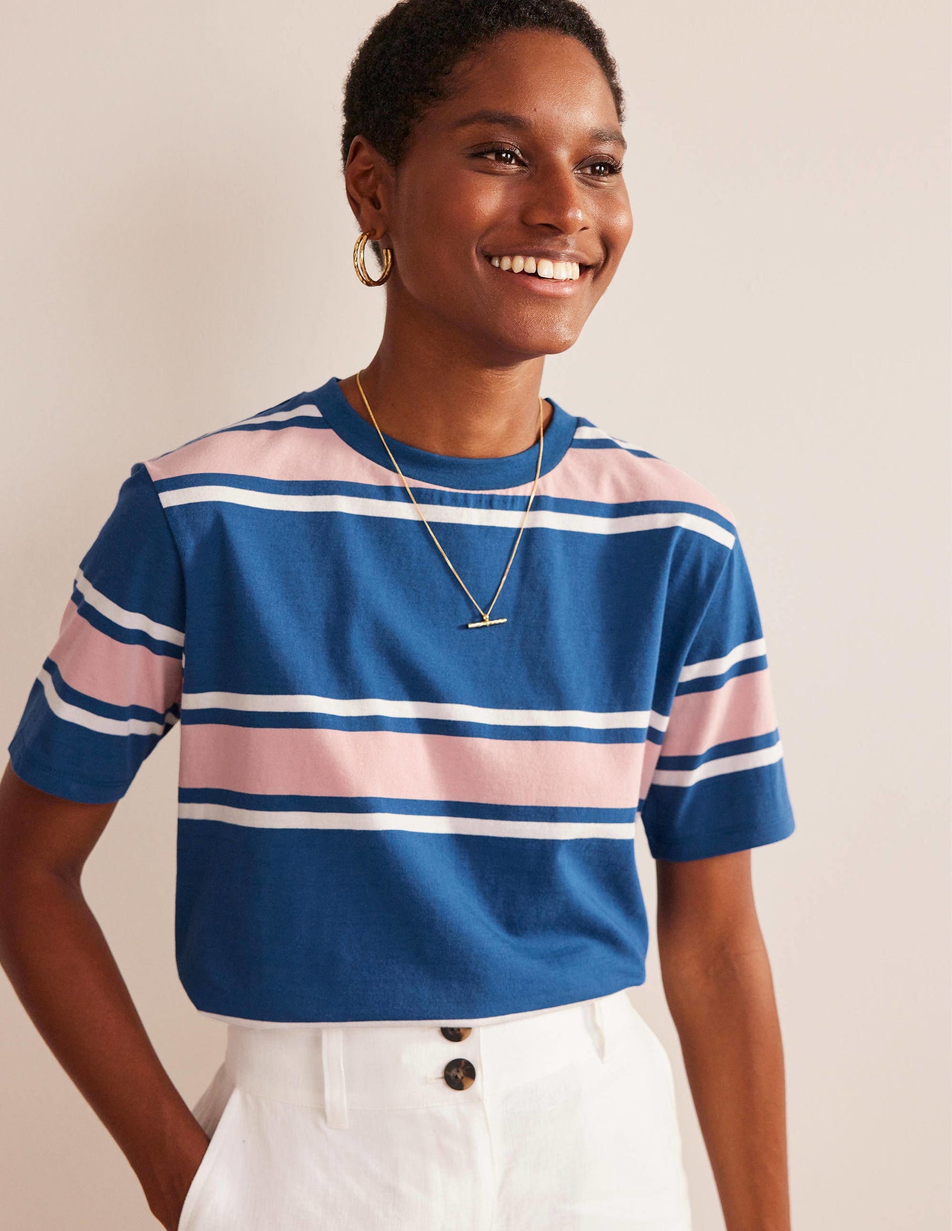 Boxy Stripe T-Shirt-Sapphire/Soft Pink Stripe-1