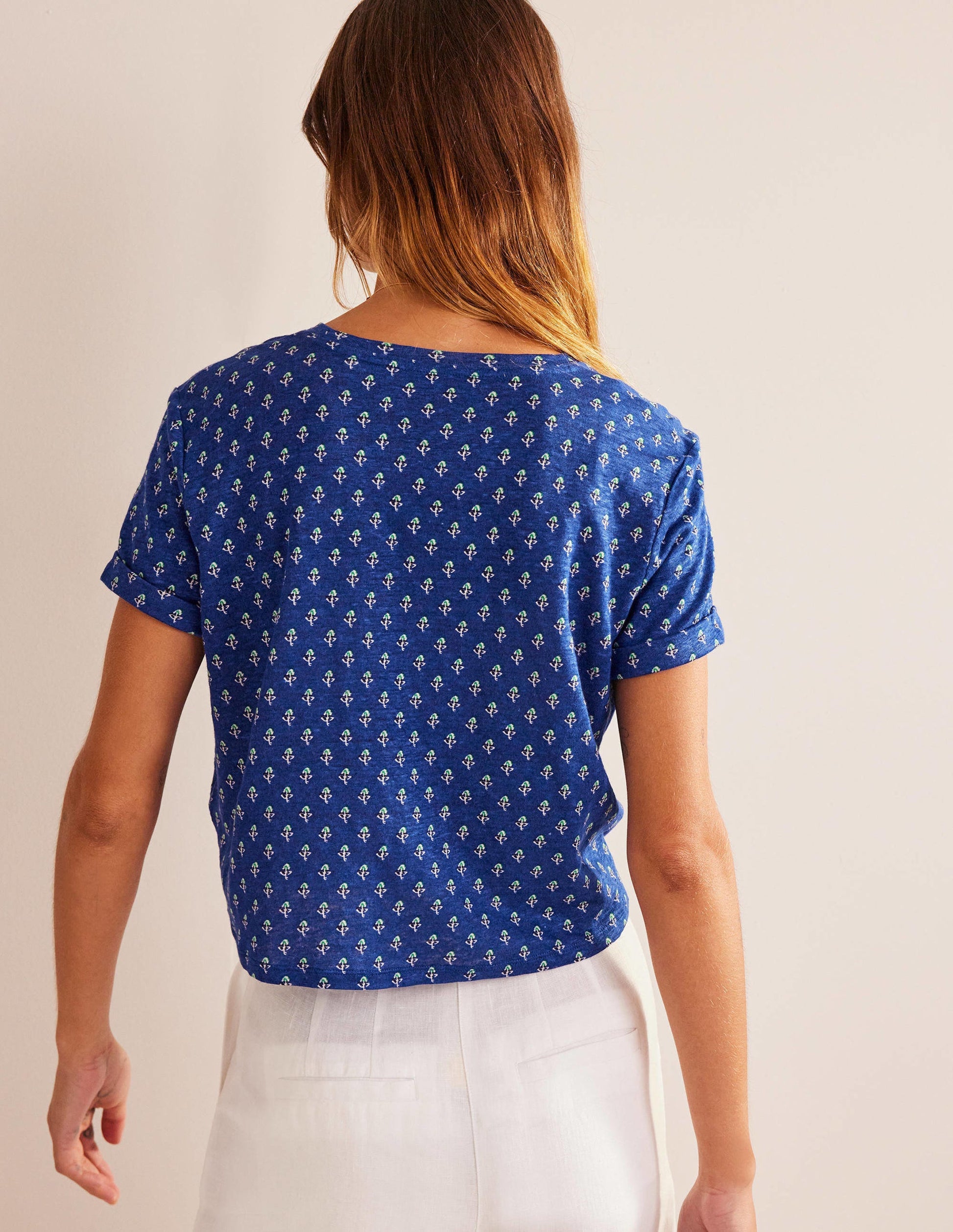 Printed Linen T-shirt-Blue Wave, Tulip Blush-3