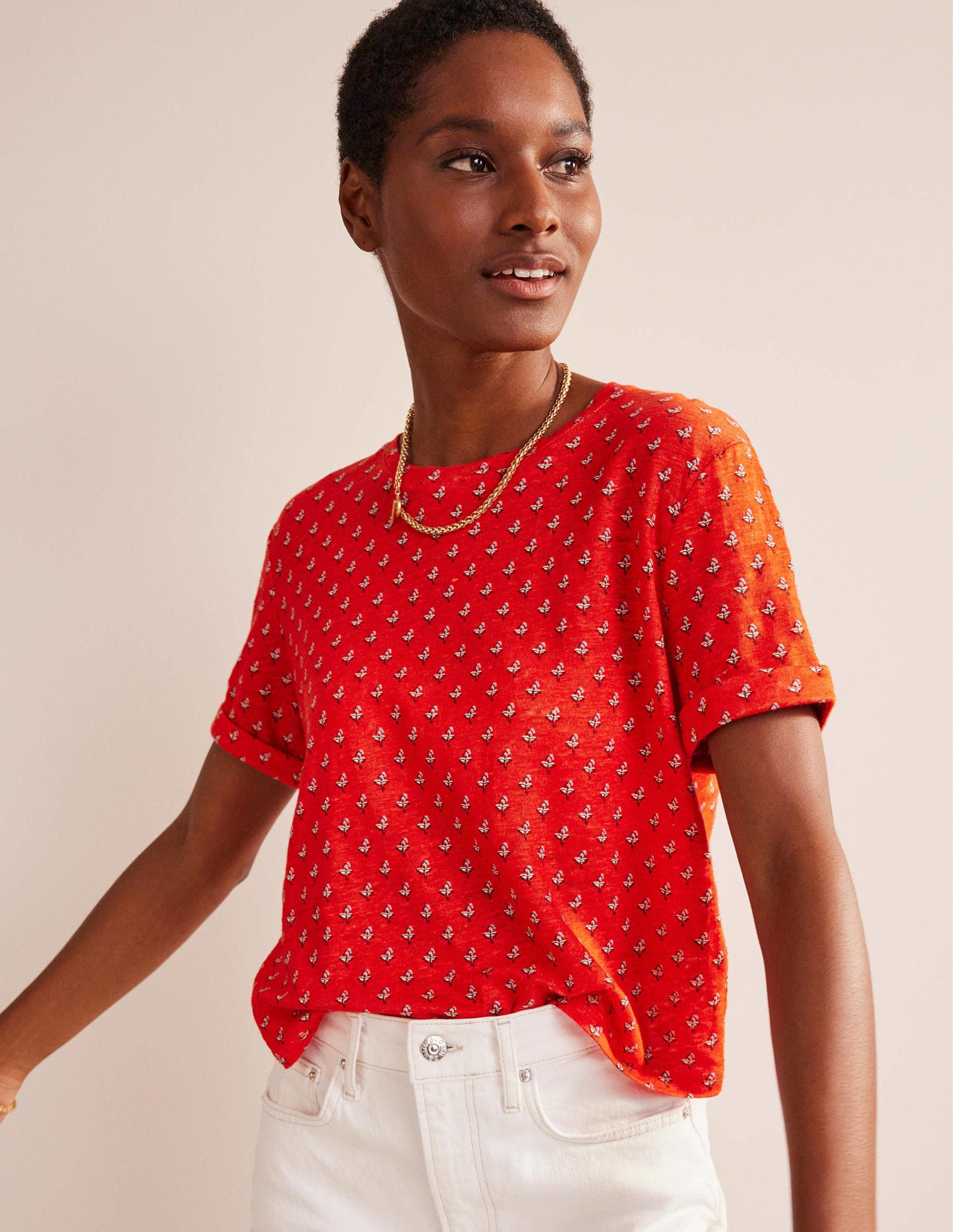 Printed Linen T-shirt-Blood Orange, Tulip Blush-1