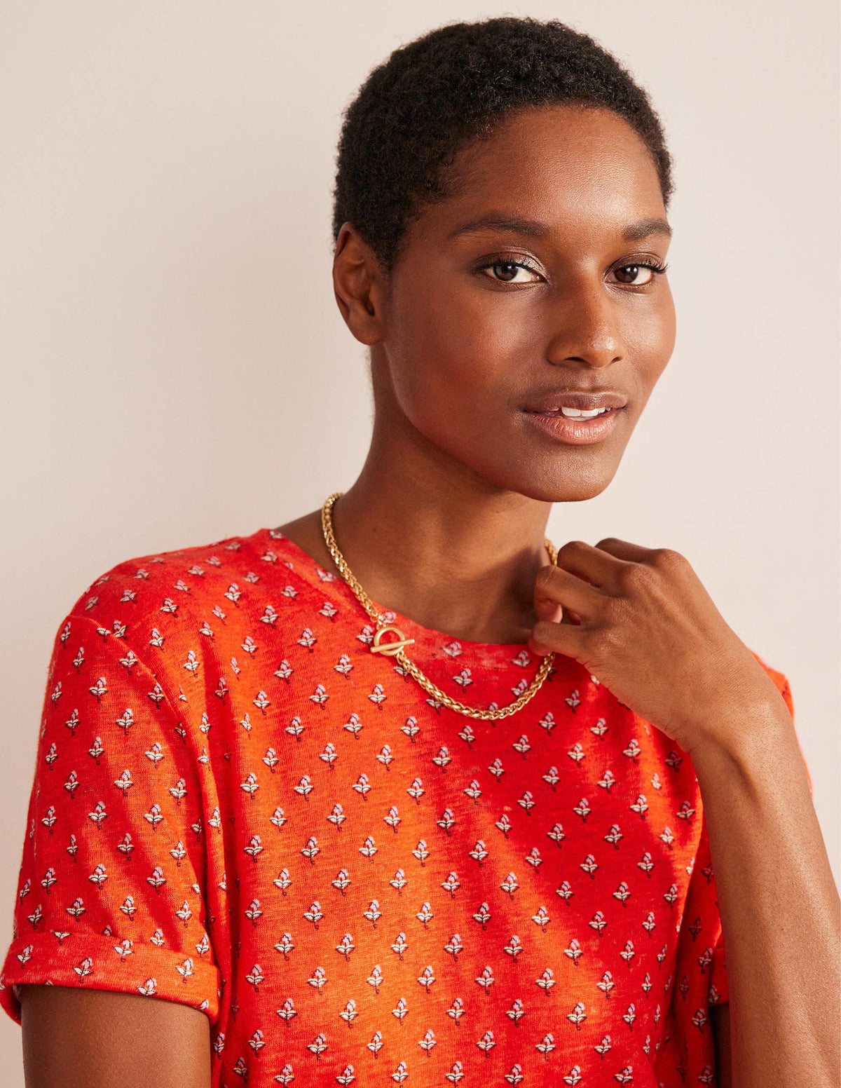 Printed Linen T-shirt-Blood Orange, Tulip Blush - Image 2