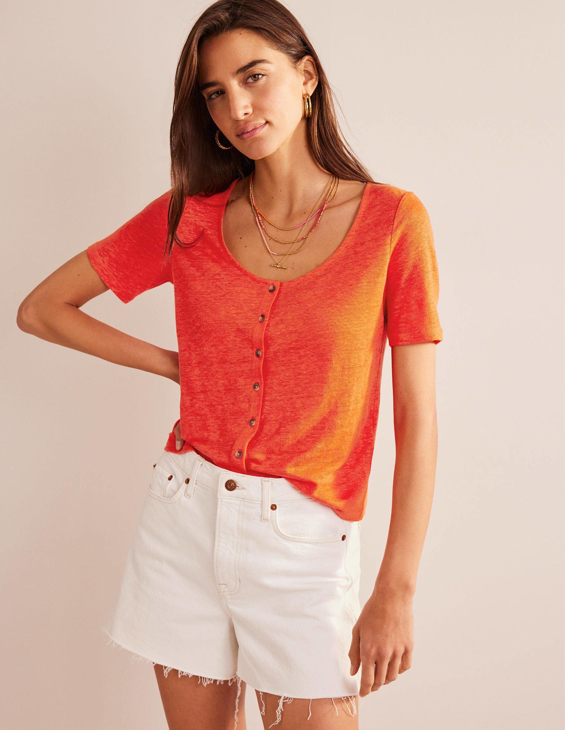 Scoop Neck Linen T-shirt-Blood Orange-1