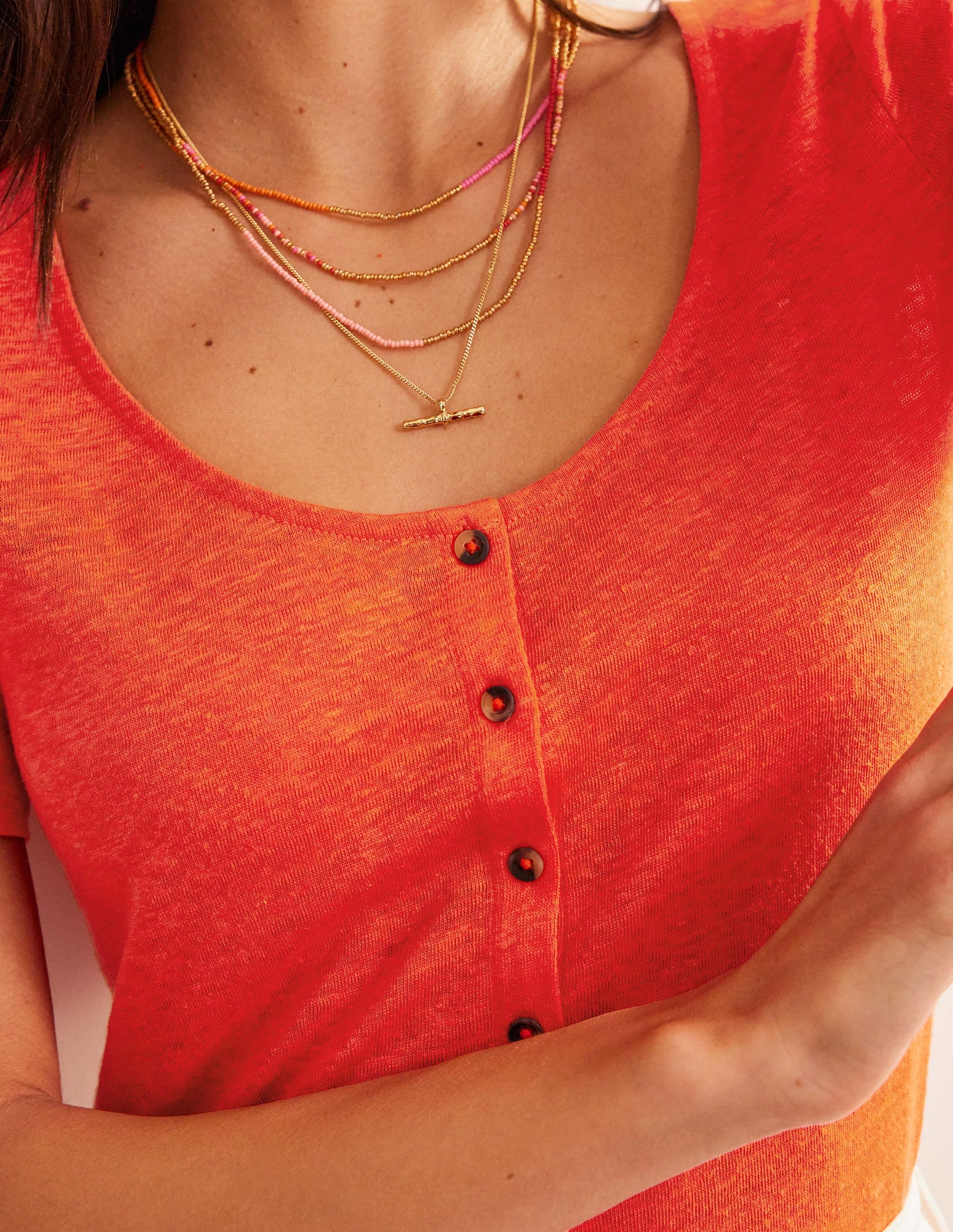 Scoop Neck Linen T-shirt-Blood Orange - Image 2